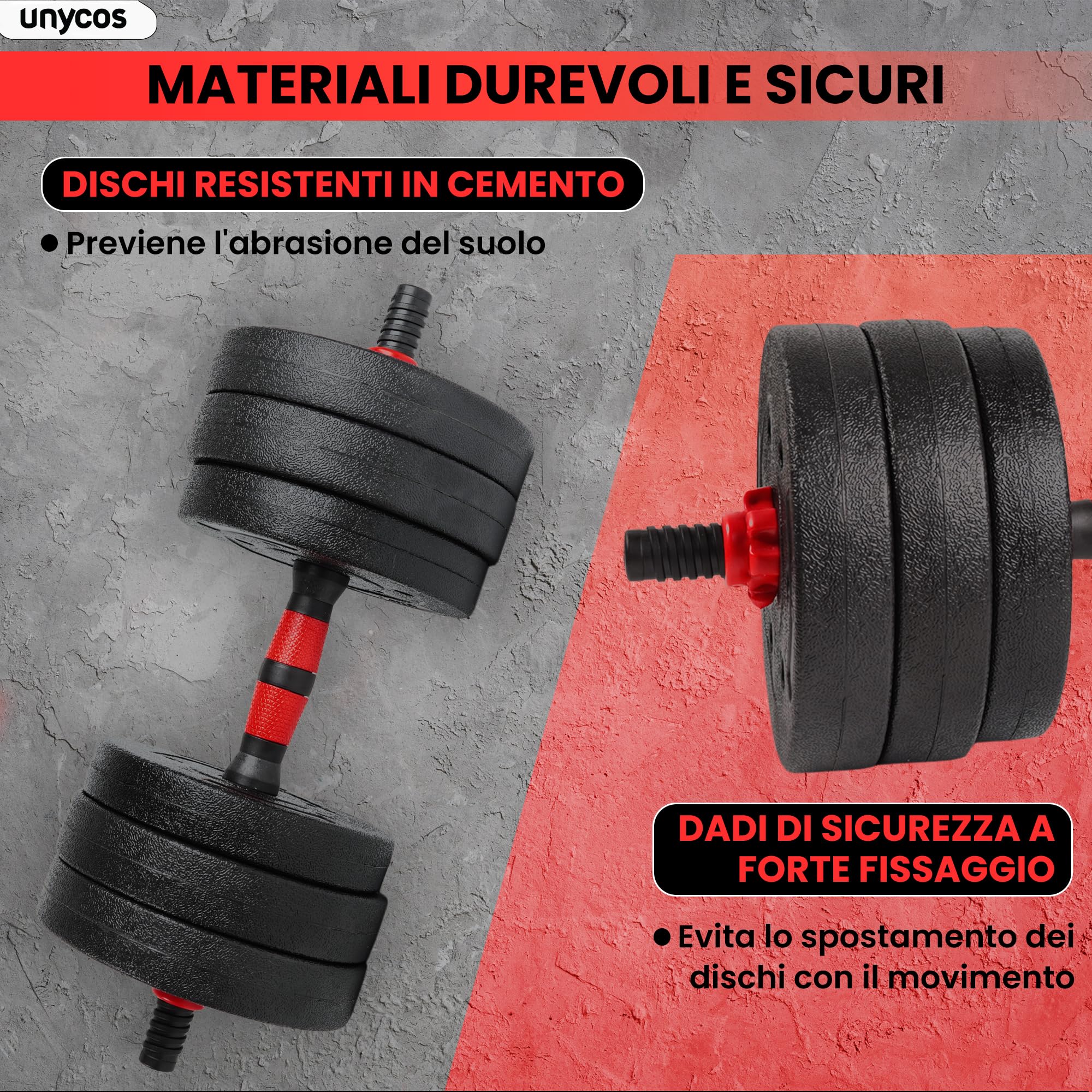 unycos - Manubri Regolabili con Dischi 20 kg【E-Book con 50 Esercizi】Coppia di Pesi con Barra di Collegamento Antiscivolo per Allenamento, Palestra in Casa, Fitness (Red Transformer)