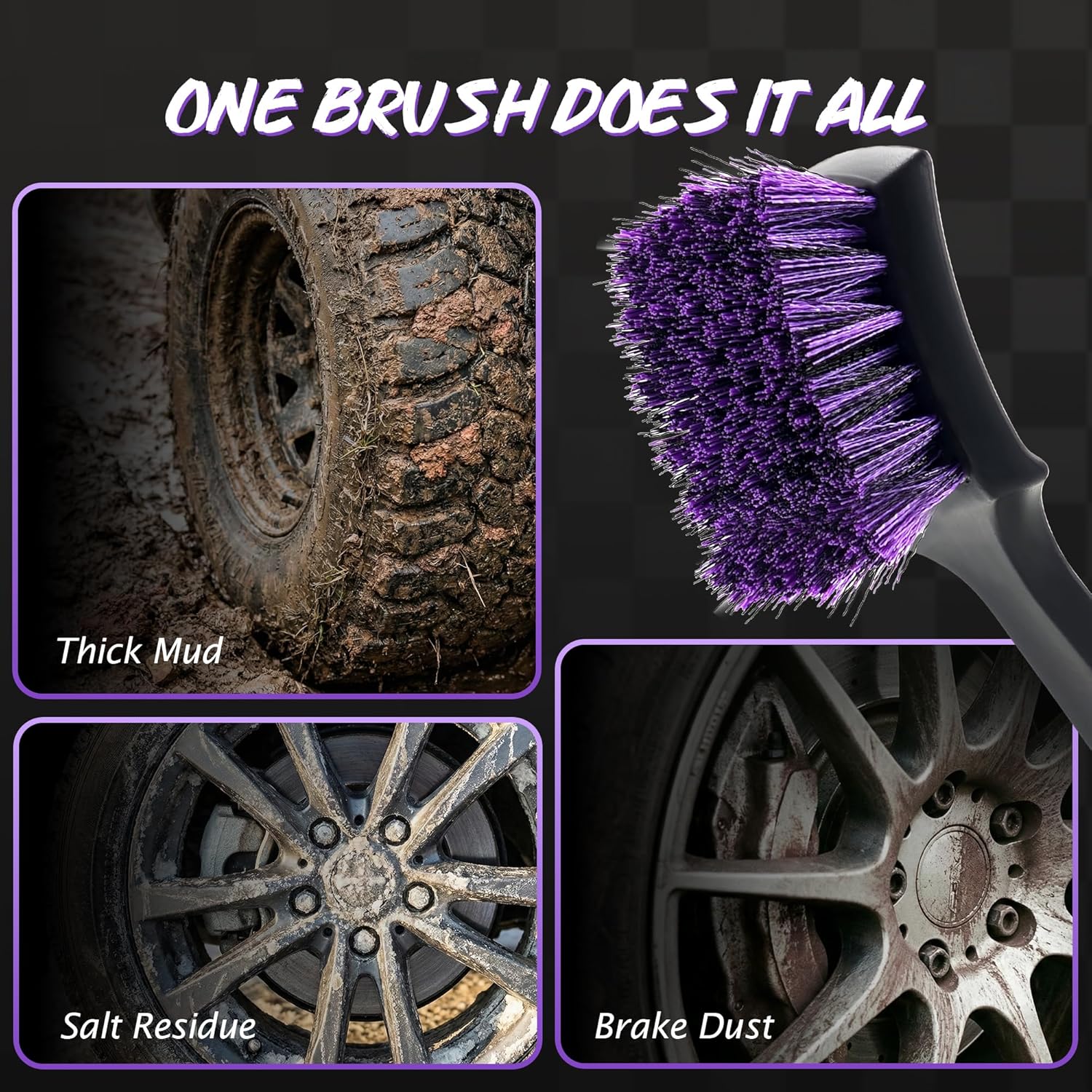 YeewayVeh Pro Tire Cleaning Brush, Stiff Mixed Bristles Tire Cleaner, Short Handle Scrub Brush for Cleaning Sidewalls, Rubber Mats & Wheels, Anti-Deformation Tyre Detailing Tool, Purple/Black