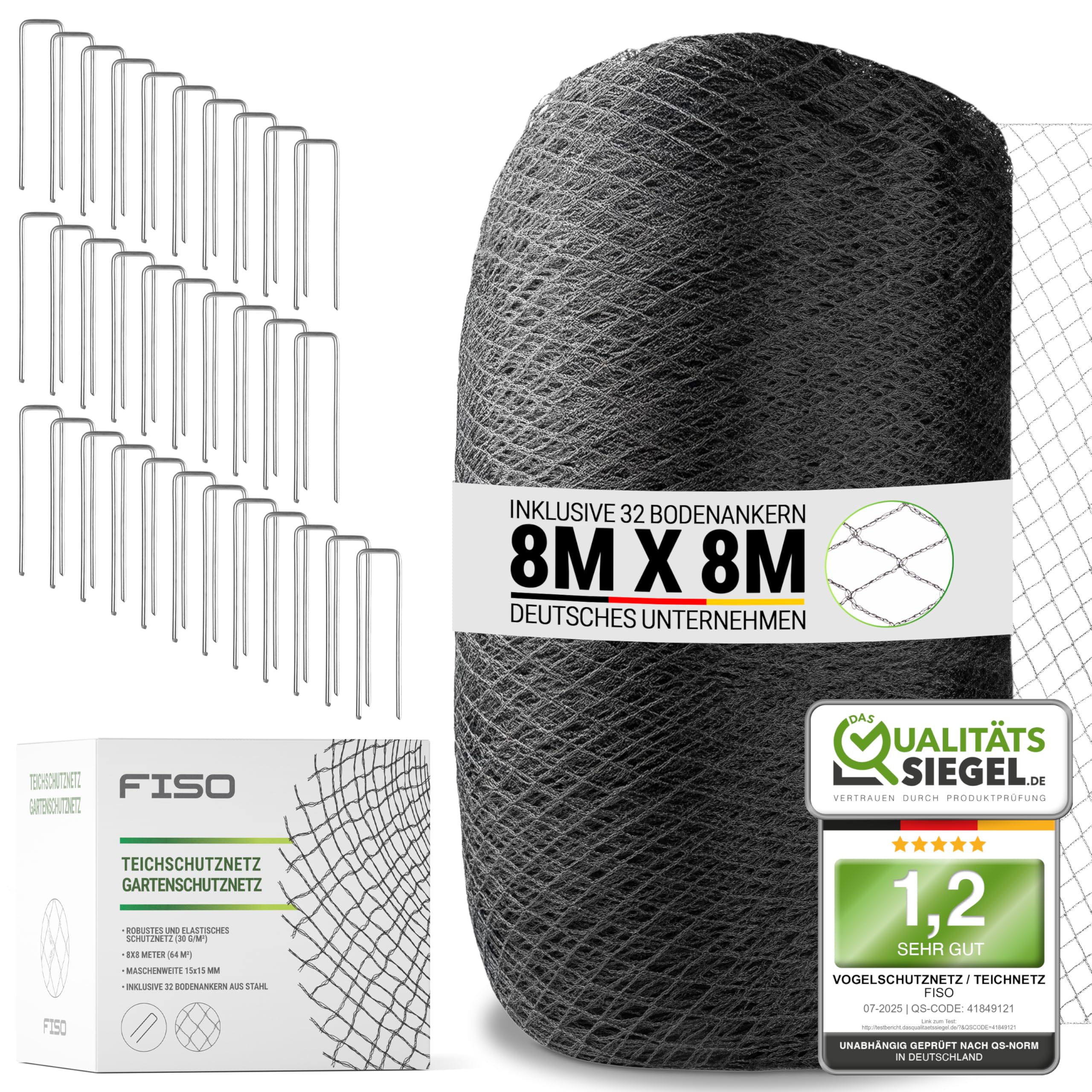 FISO® Teichnetz - 8x8m I Vogelschutznetz engmaschig, robust, witterungs- & UV-beständig I Schwarzes Teich Netz feinmaschig (15x15mm) I Netz zum Schutz von Teich, Balkon, Kirschbaum & Mehr