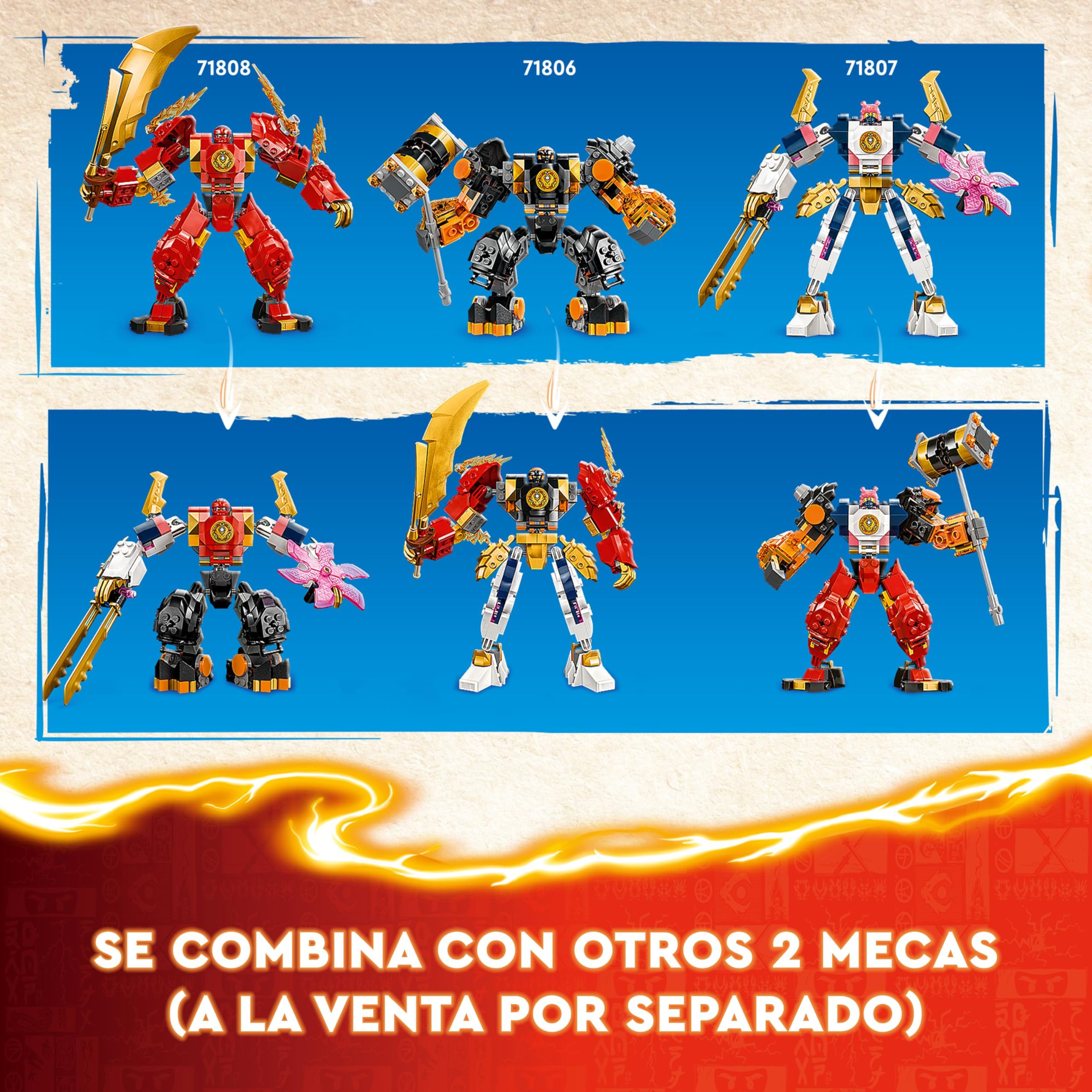 LEGO Ninjago Meca Elemental del Fuego de Kai, Figura Roja de Acción Articulada y Minifigura de Zane y 3 Personajes para el Juego de Batalla Ninja, Regalo para Niños y Niñas de 7 Años o Más 71808