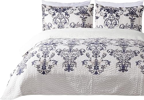 Miniatura 3 de Chezmoi Collection Chloris - Juego de edredón de 3 piezas con estampado de medallones florales, colcha de microfibra prelavada, color azul marino,