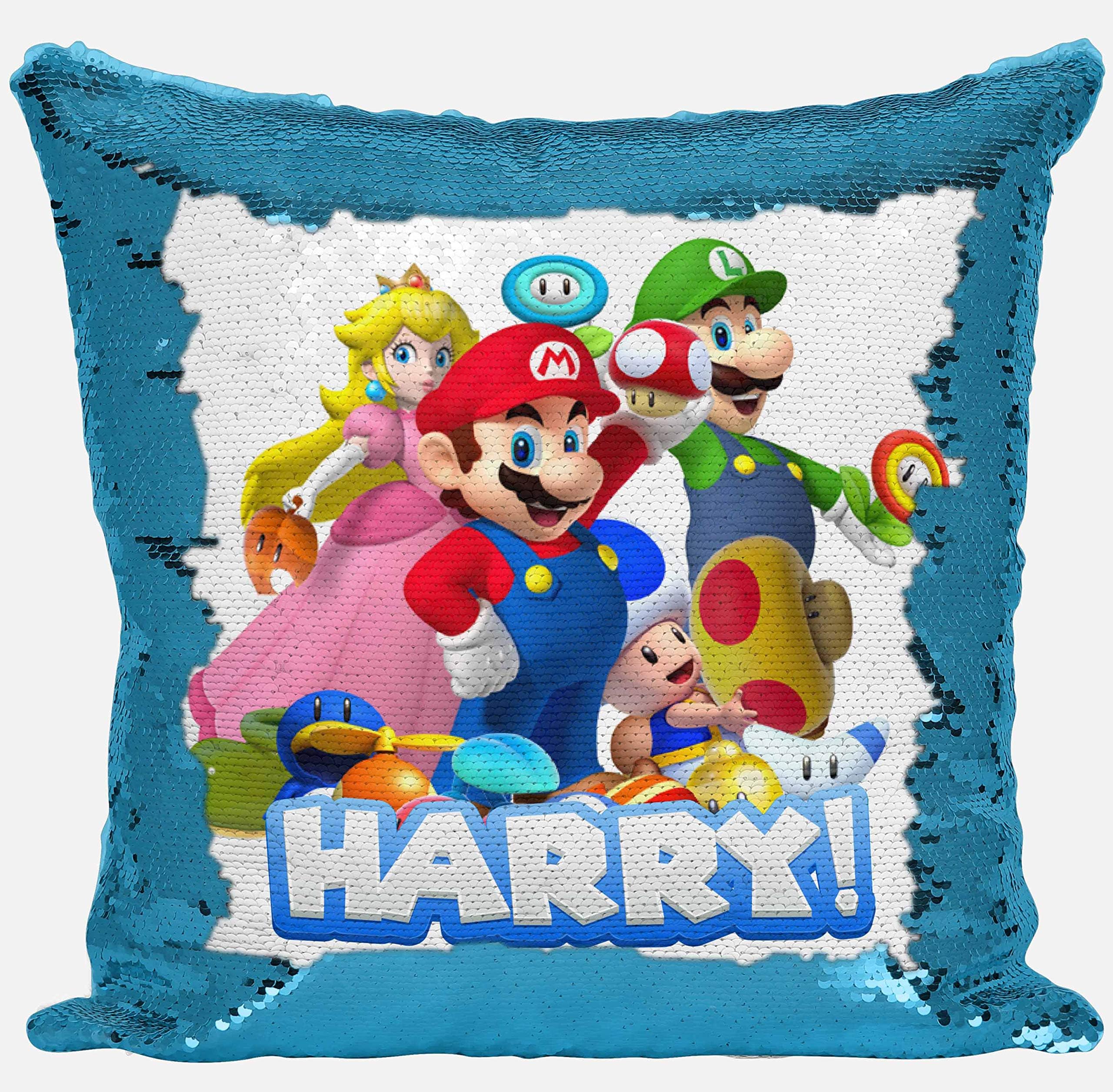 DAILY GIFTS Personalised Super Mario Any Name Magic Reveal Sequin Cushion Cover Gift (Case + Filling)