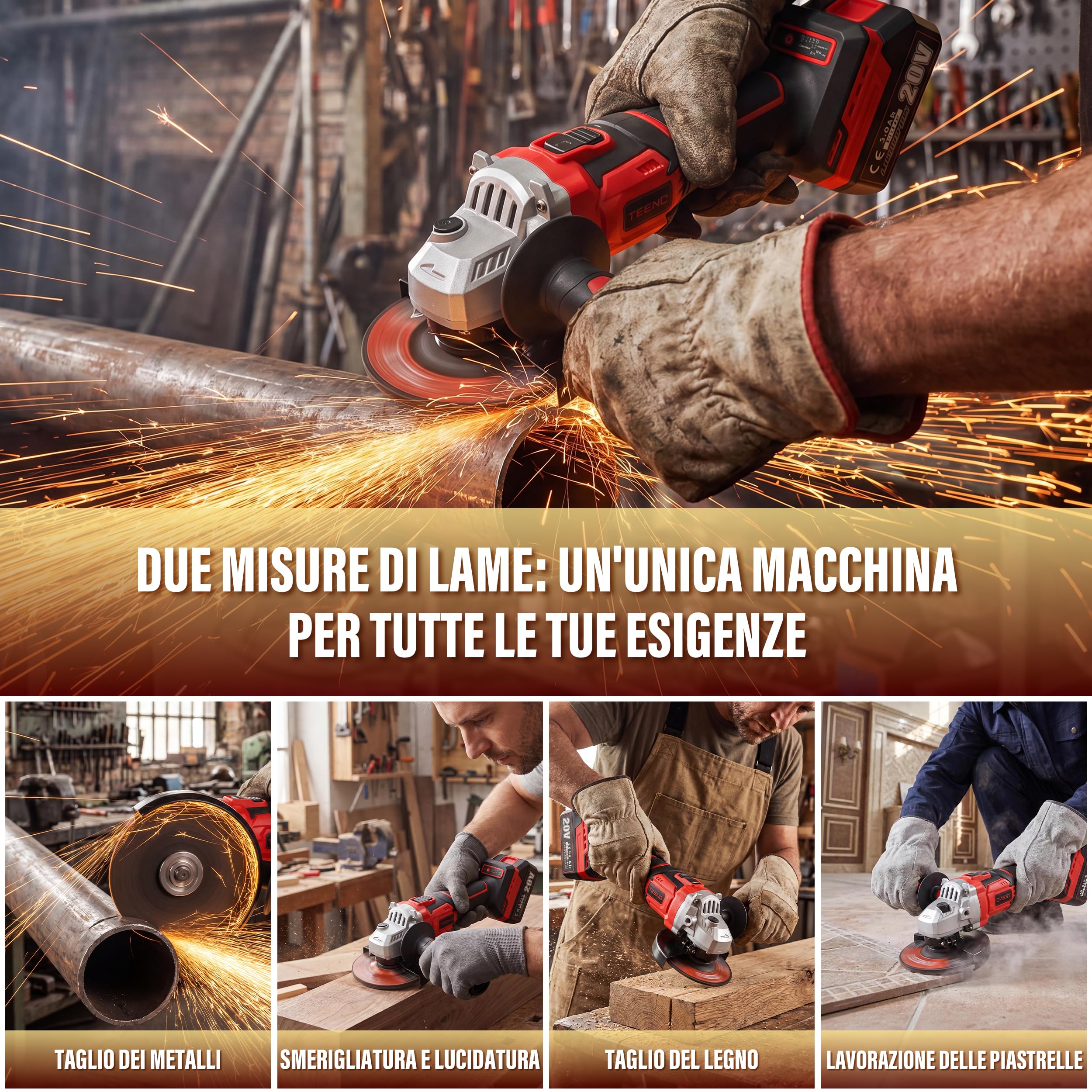 TEENO Kit 3 in 1: Trapano, Chiave a impulsi, Smerigliatrice Angolare | Dotato motore brushless, due batterie 3Ah, fanale LED e velocità variabile, perfetto per taglio, foratura e fissaggio