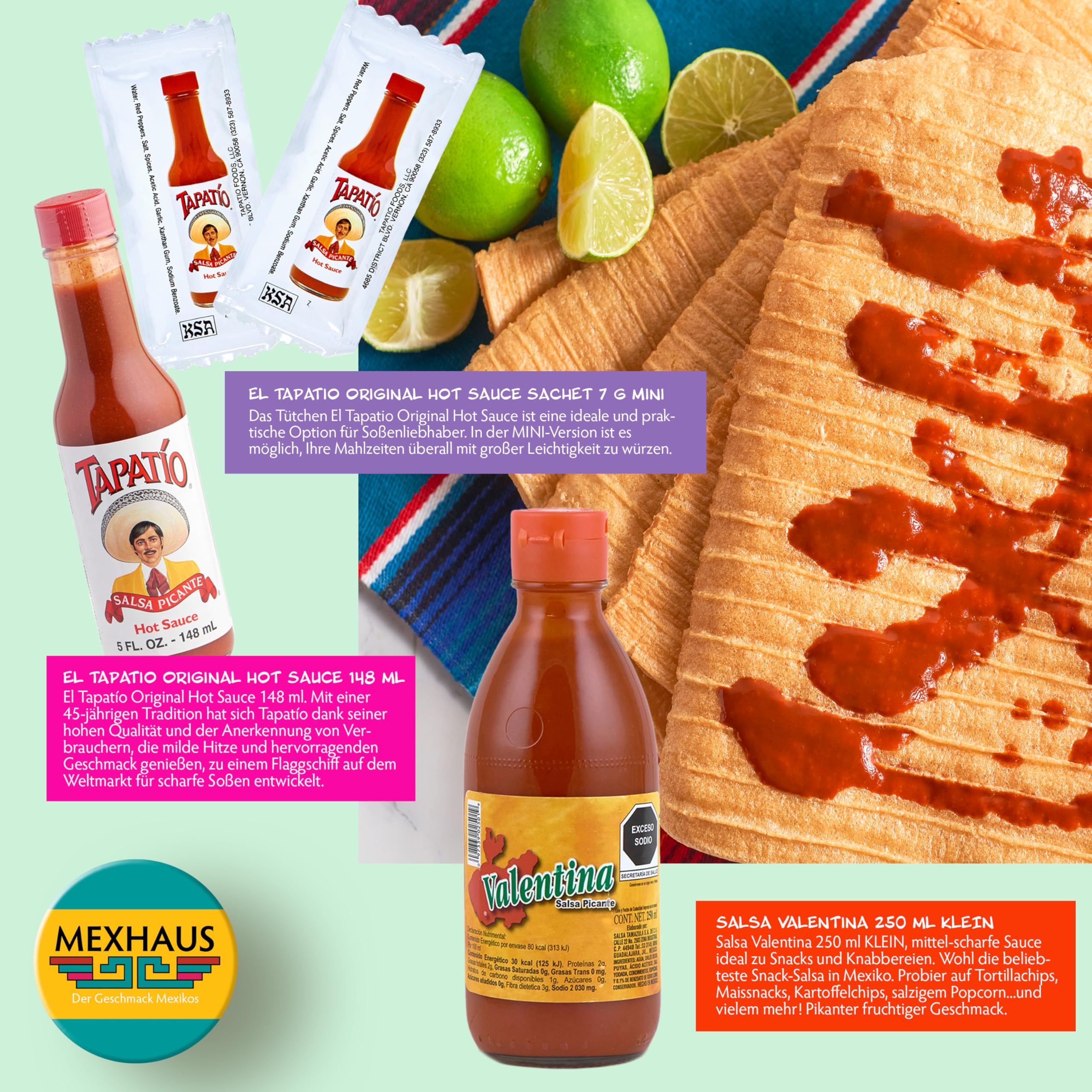 Tajín El Tapatio Valentina El Yucateco Cholula Lol-Tun Scharfe Soßen Set 7 Sorten Mexiko