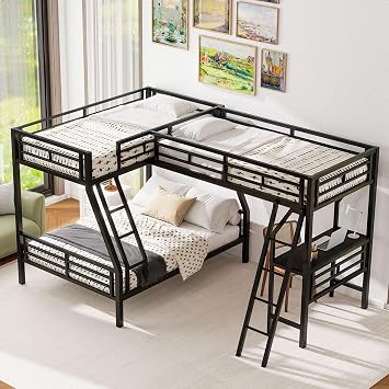 Merax Twin Over Full L-Shaped Bunk Bed with Loft & Desk, Triple Sleeper Metal Bunk Bed with Guardrails for Bedroom, Black