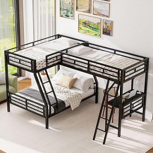 Merax L-Shaped Twin Over Triple Bunk Bed with Desk Ladder and Full Length Guardrails, Metal, Black