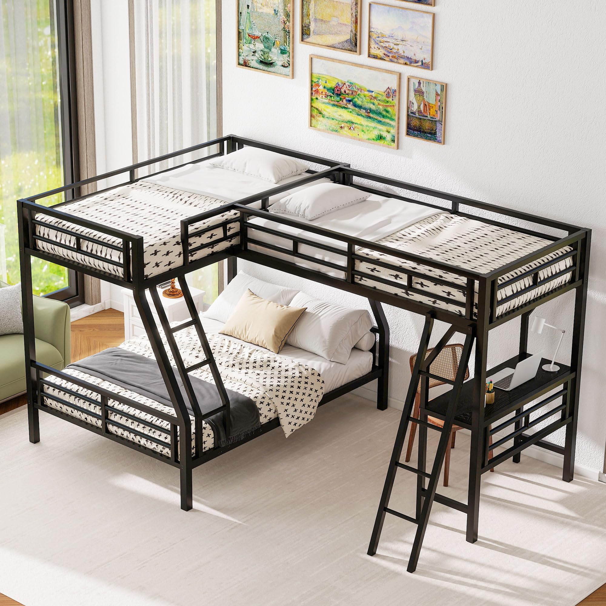Merax L-Shaped Twin Over Triple Bunk Bed with Desk Ladder and Full Length Guardrails, Metal, Black