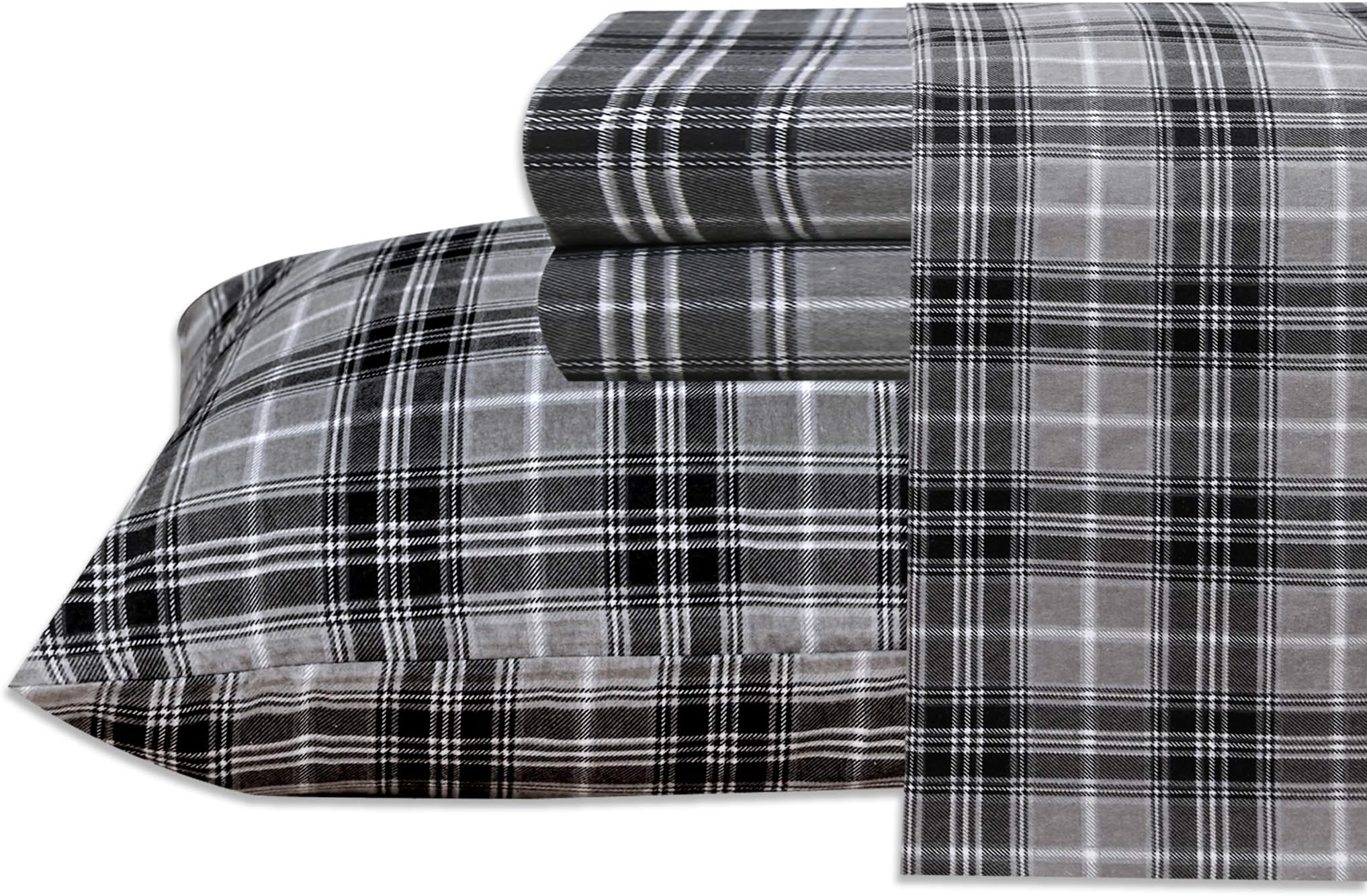 RUVANTIFlannel Sheets California King Size - 100% Cotton Brushed Cal King Bed Sheets Set - Deep Pockets 16 Inches - All Seasons Breathable & Extra Soft - Warm & Cozy, 4 Piece, Grey Plaid