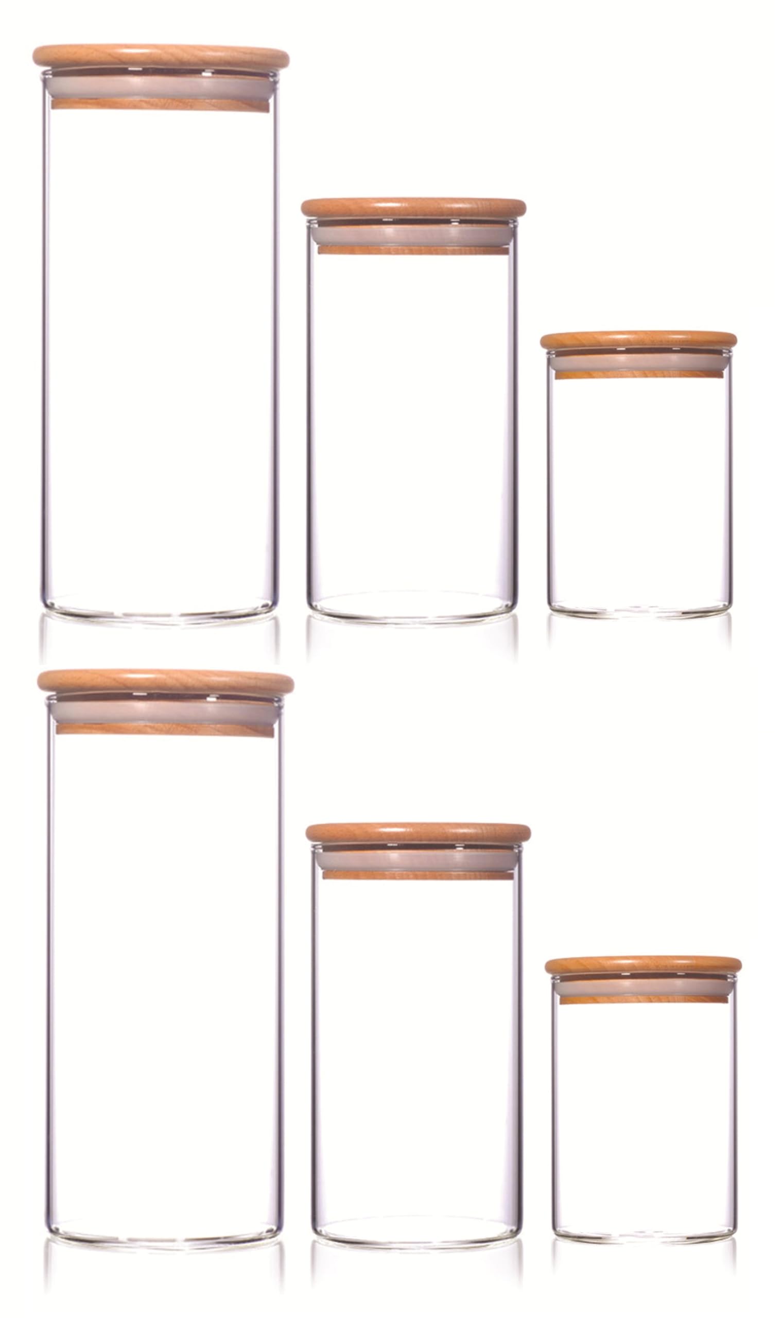 Print Maniacs Set of Airtight Glass Storage Jars with Bamboo Lids Kitchen Pantry Containers for Coffee Sugar Tea Pasta Rice Flour Food Storage Clear Glass Canisters Multiple Sizes Set