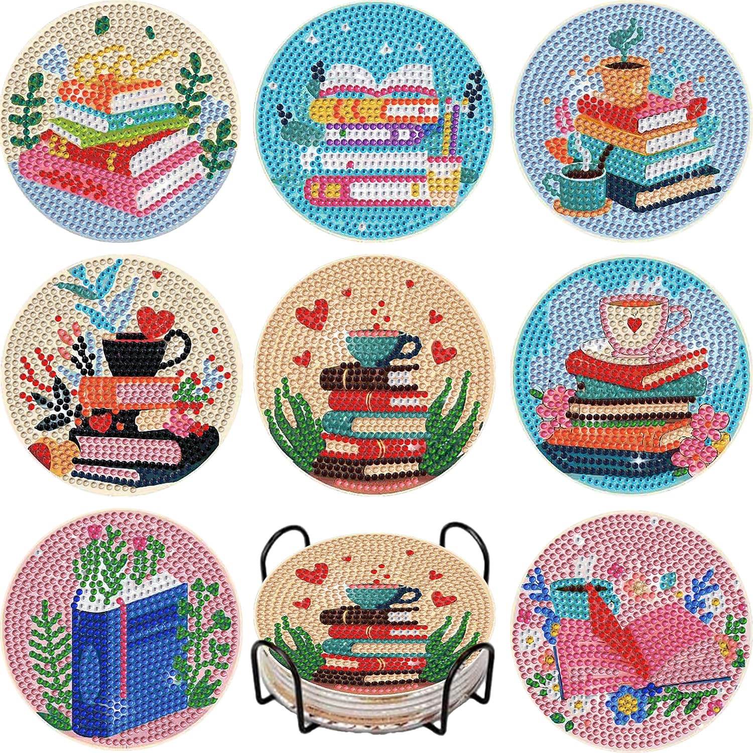 WEMEON 8 Stück Diamond Painting Untersetzer, DIY für Diamond Painting Untersetzer mit Halter, Kreativ Mosaik Basteln für Erwachsene, Personalisiertes Anti-Stress Geschenk
