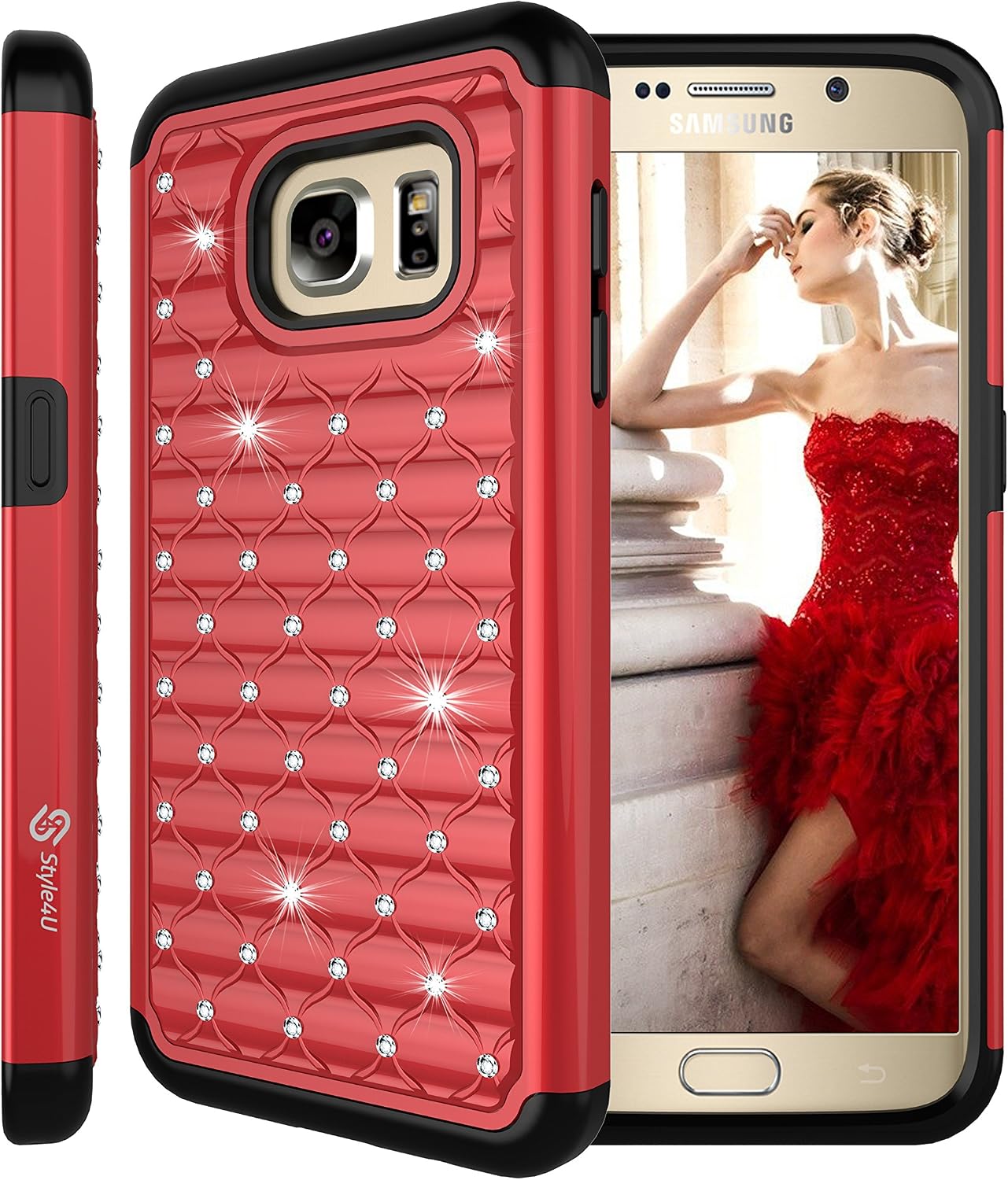 Style4U Galaxy S7 Case, Studded Rhinestone Crystal Bling Hybrid Armor Case Cover for Samsung Galaxy S7 with 1 Stylus [Red/Black]