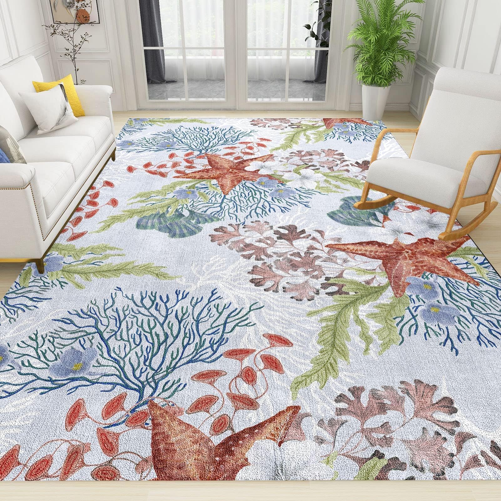 Starfish Coral Ocean Art Area Rug, Coastal Beach Living Room Rugs, Indoor Non-Slip Kids Rugs, Machine Washable Breathable Durable Carpet for Bedroom
