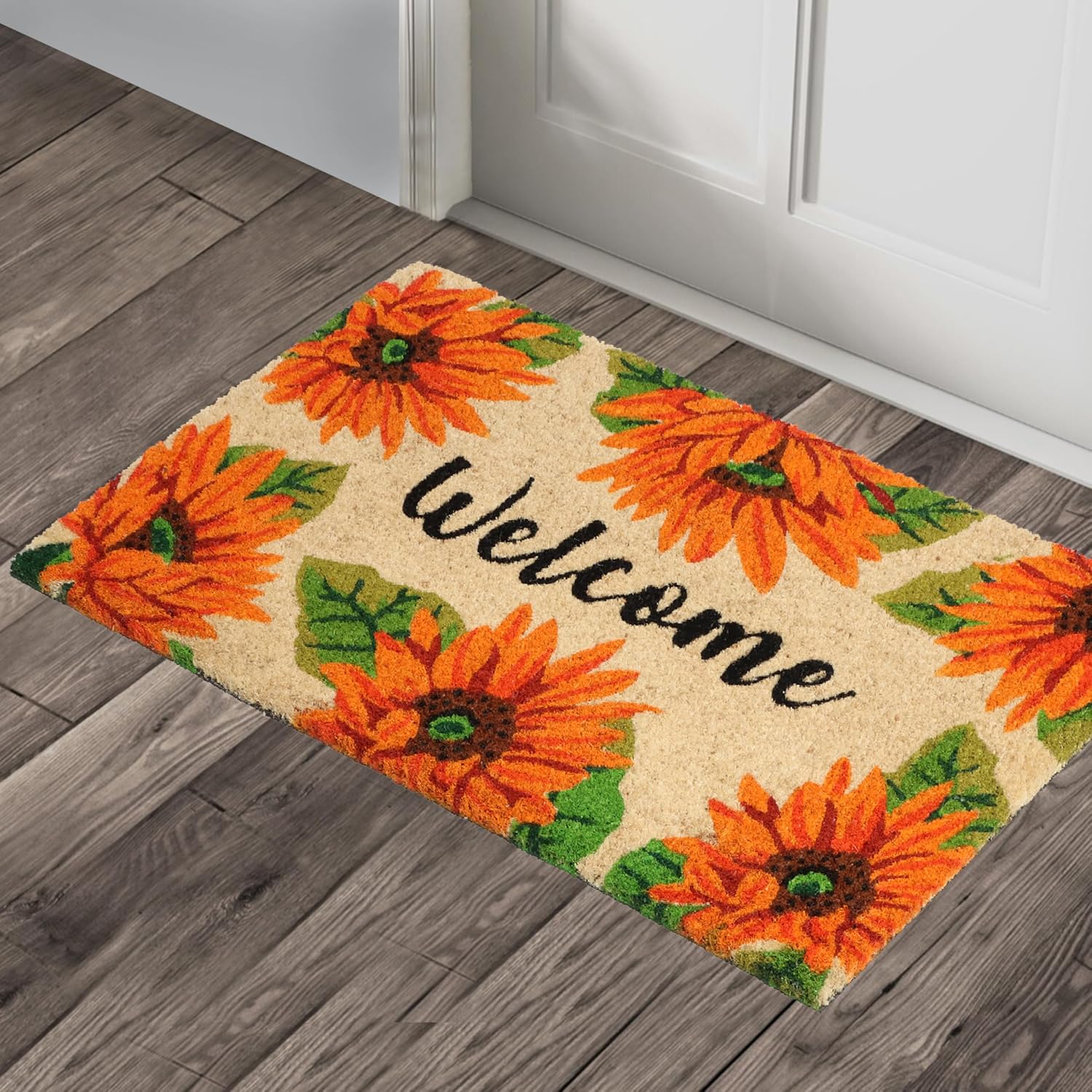 A1HC Natural Coco Coir Door Mat Orange Sunflower Doormat with Heavy Duty Non-Slip PVC Backing - 18" x 30" - Easy to Clean, Welcome Mat for Home, Low-Profile Durable Doormat