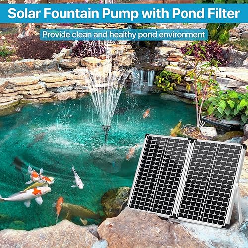 Miniatura 2 de POPOSOAP Filtro solar de estanque de 70 W con bomba de fuente, bomba de estanque solar de 580 GPH de flujo ajustable, filtros de estanque para