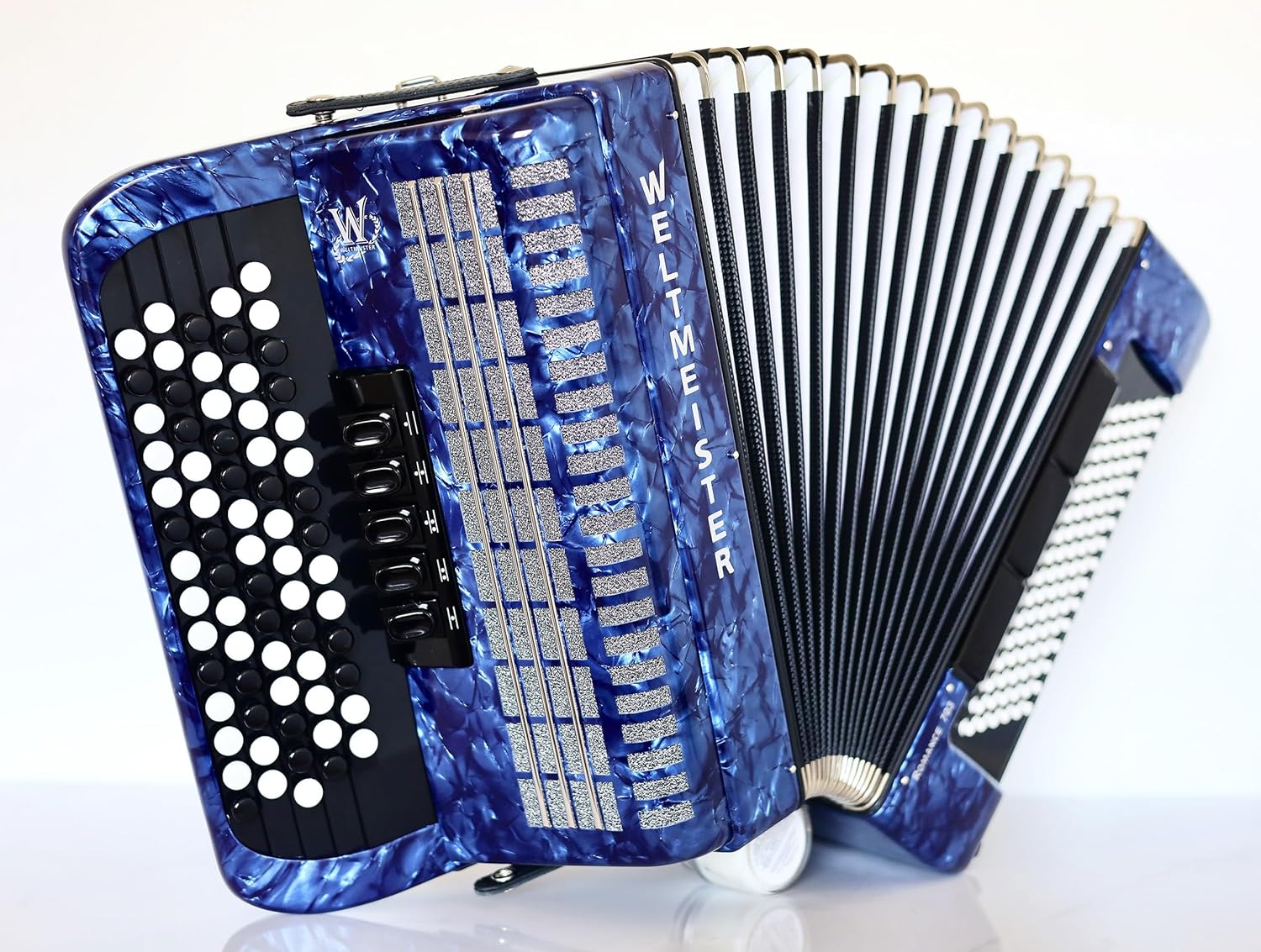 NEW Weltmeister Romance 703 5 Rows Chromatic B Griff Button Accordion 96 Bass buttons, Blue Pearloid, Straps and Case, Perfect for Advanced Musicians