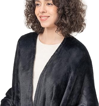 Berkshire Blanket PrimalushTM Wearable Blanket, Cozy Loungewear Pocketed Plush Cape Wrap for Adults & Teens(Black, One Size 58X64)