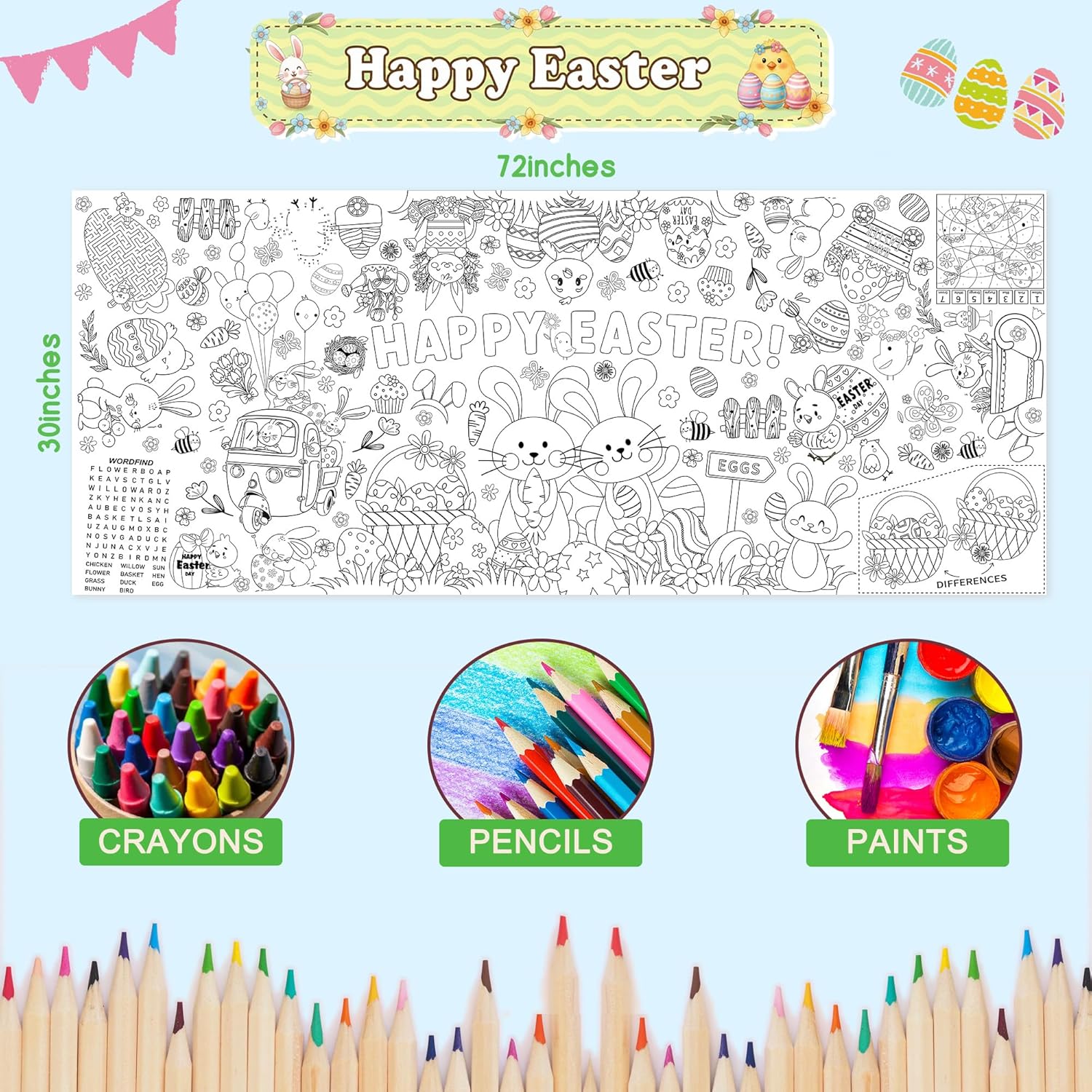 Giant Coloring Easter Tablecloth/Poster-Easter Crafts for Kids-30 x 72 Inches Jumbo Paper Coloring Banner Gifts for Kids Activities Games Toys Party Decorations Classroom Decor
