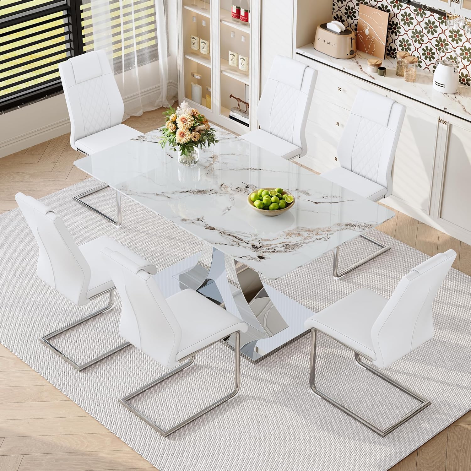 Modern Dining Table Set with 6 White Chairs, 71 Inch Rectangular Dining Room Table with Gold Leg White Marble Pattern Kitchen Table for Kitchen Apartment Restaurant