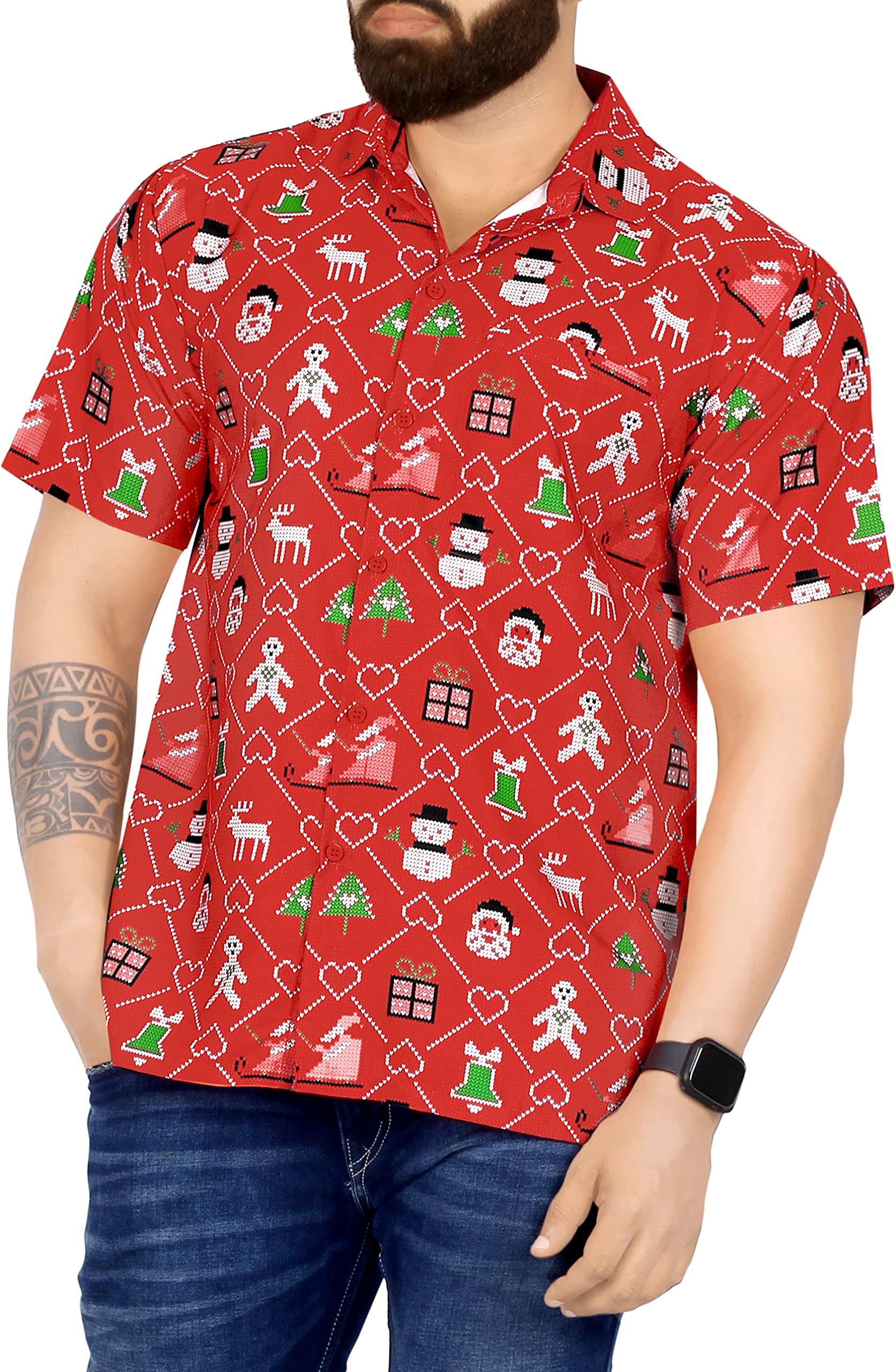LA LEELA Men's Beach Short Sleeve Santa Claus Party Dress Shirt Holiday Hawaiian Ugly Christmas Tree Gift Shirts for Men