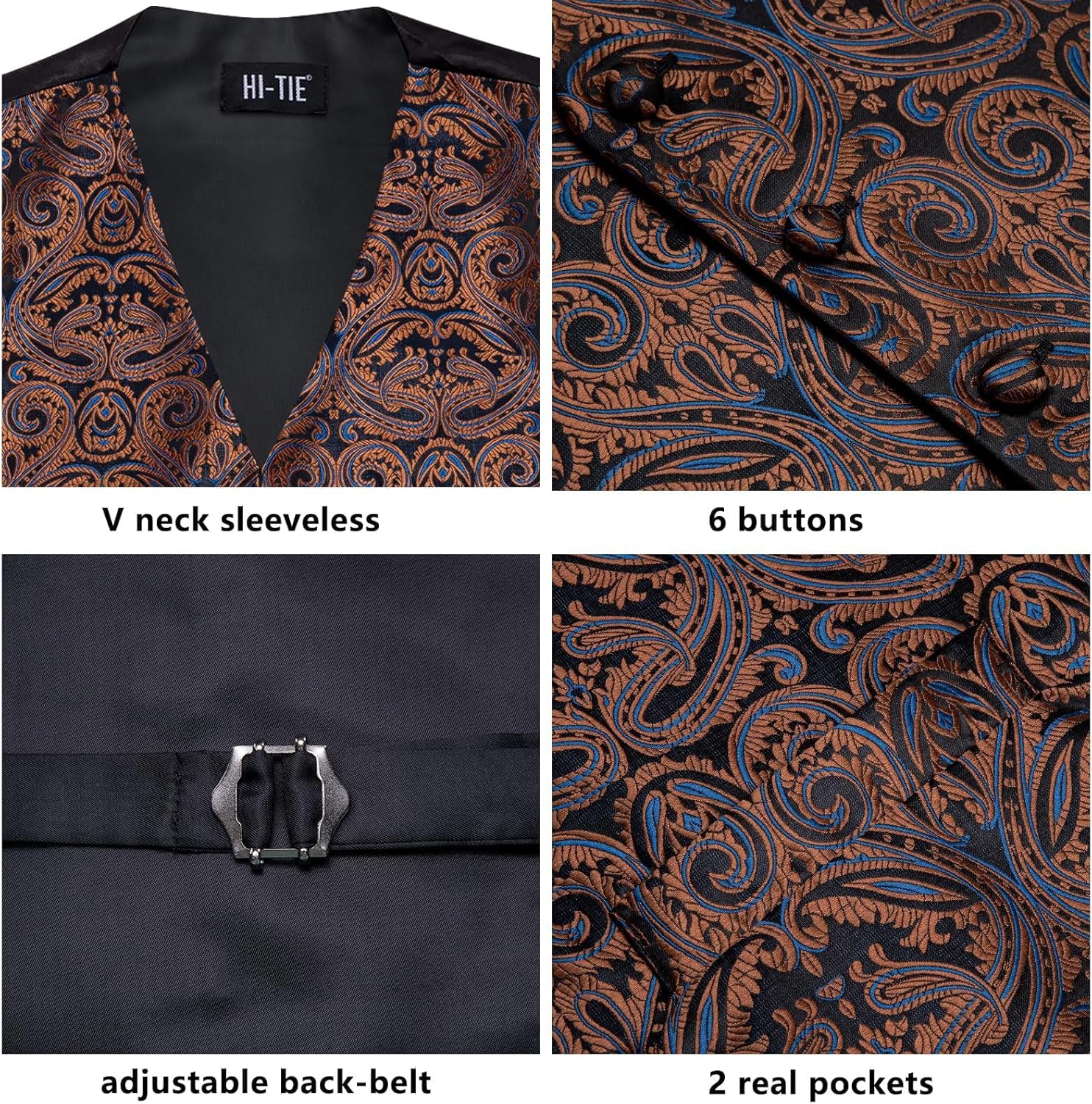 Hi-Tie Mens Silk Suit Vest Jacquard 5PCS Necktie Pocket Square Cufflinks Lapel Pin Formal Wedding Tuxedo