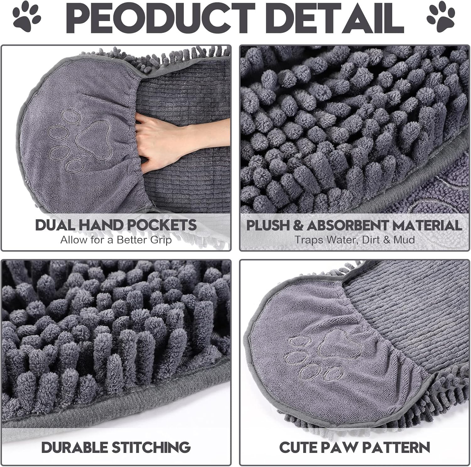 Newwiee 4 Pcs Large Dog Towels for Drying Dogs with Hand Pocket Microfiber Shammy Towel 32 x 14 in Dog Bath Towel Absorbent, Quick Drying, Machine Washable for Pet Puppy Clean Shower Supplies(Grey)