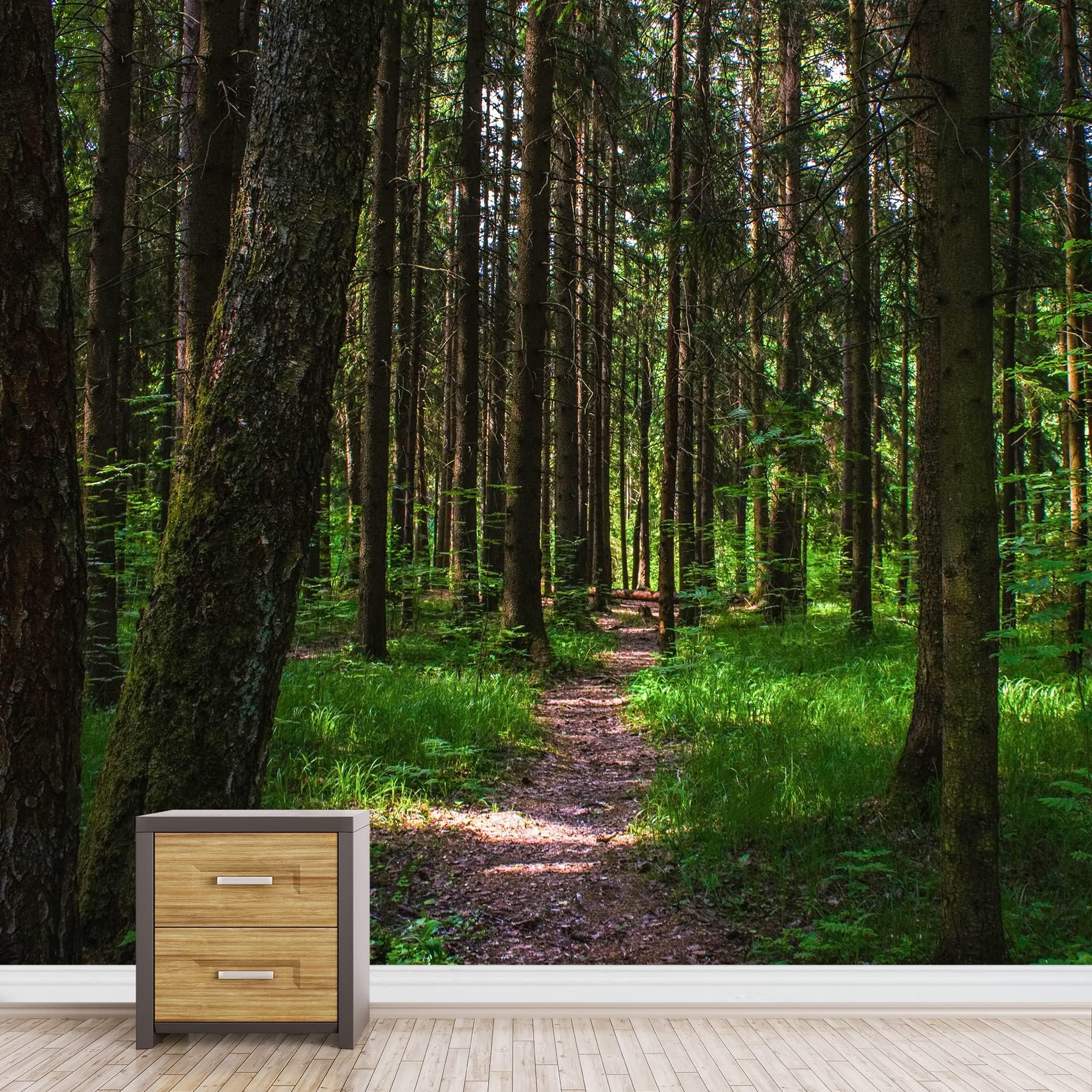 Forest Path 3D Wall Mural Wallpaper, Quiet Path Photo Print Wallpaper, Panoramic Peel and Stick Mural for Living Room Bedroom Study TV Background Decor-48 W x 36" H