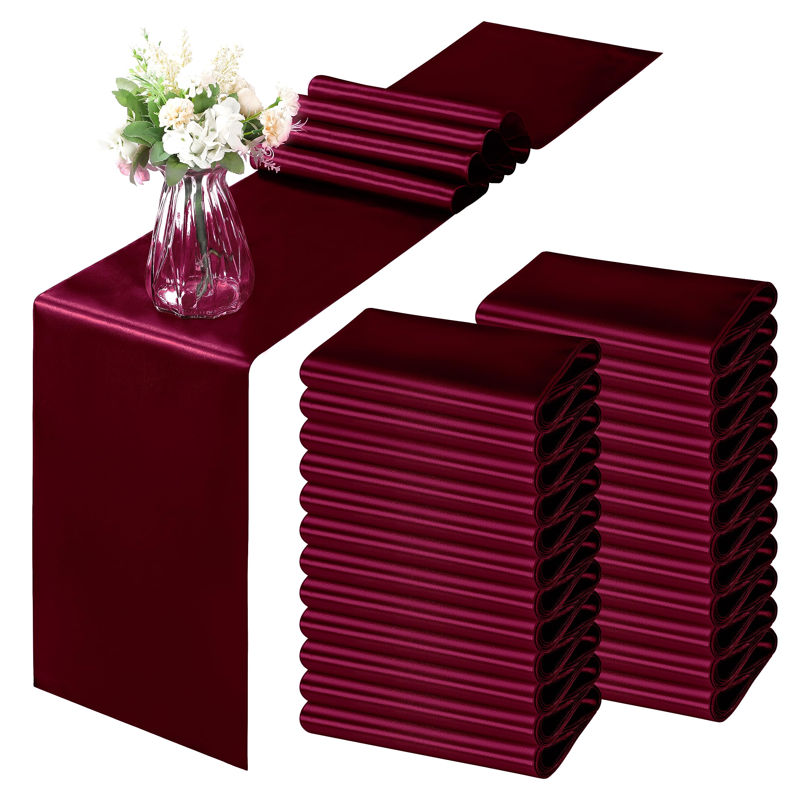 24 Pack Burgundy Satin Table Runner 12 x 108 Inch, Smooth Table Runners for Wedding Banquets Birthday Party