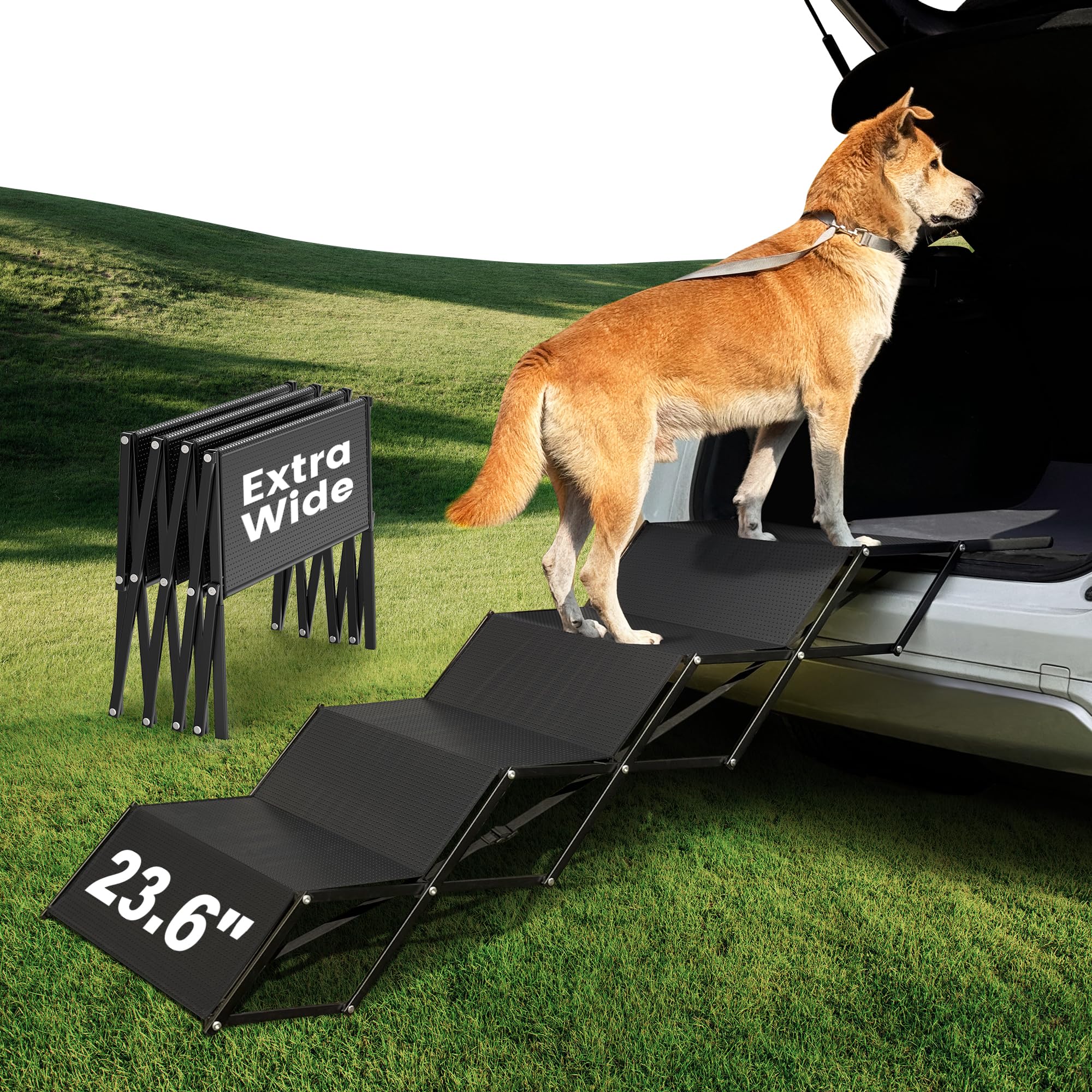 XARILK 60cm Extra-Wide Dog Car Ramp - Portable 5-Step Aluminum Stairs with Non-Slip Surface, Supports up to 110KG,Extra-Wide Foldable Dog Steps for Cars, SUVs, High Beds, and Truck