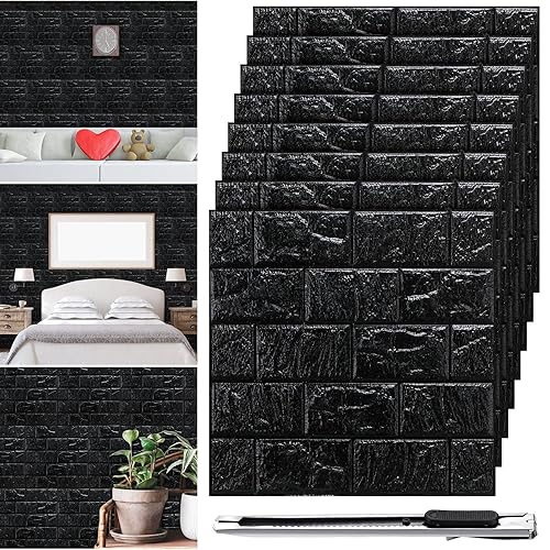 Tinlade 30 Pcs 28.81 Sq ft 3D Wall Panels Peel and Stick Foam Brick Wallpaper Printable Faux Brick Wall Panels Decorative Self Adhesive Tiles Waterproof(Black) - Black