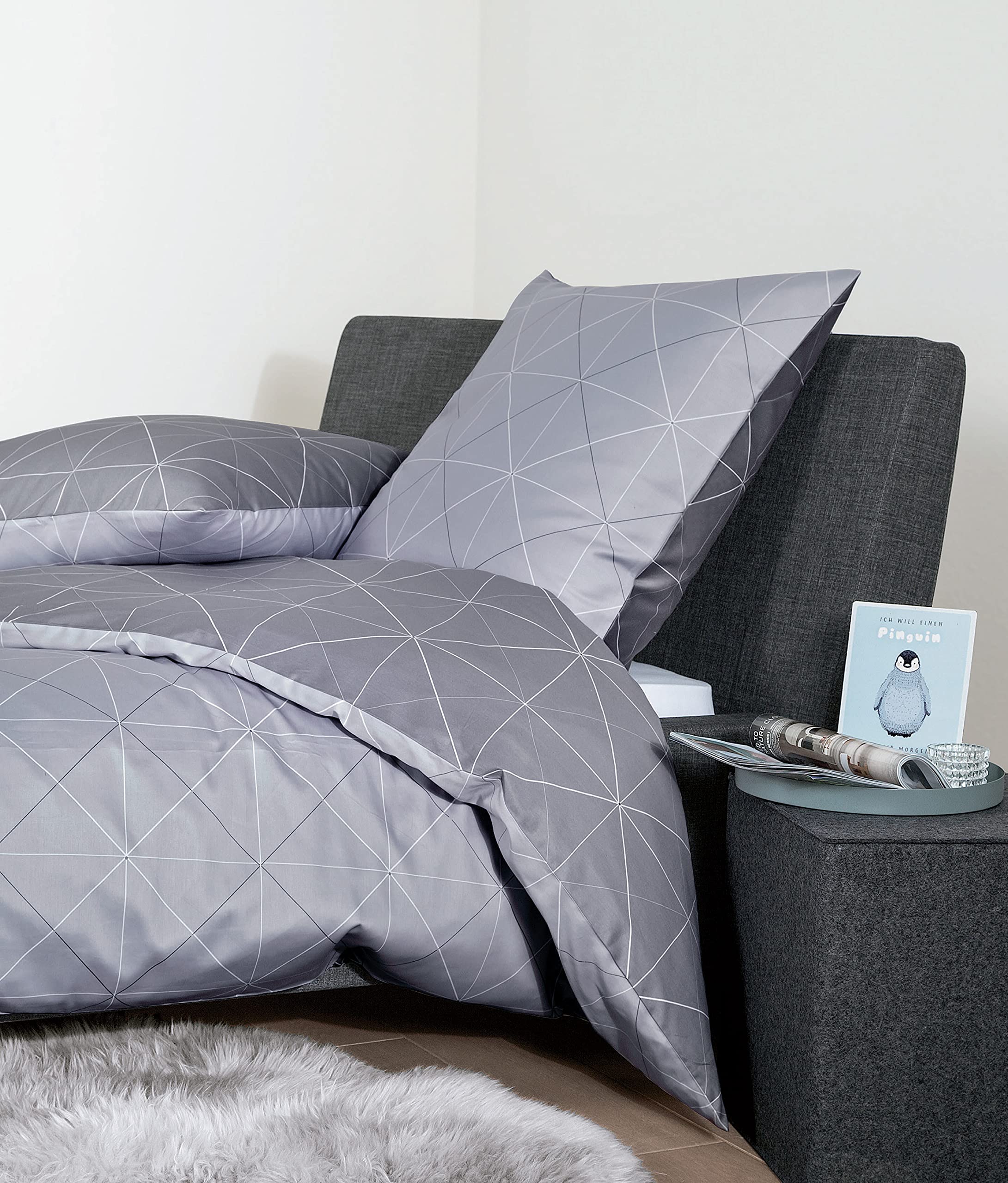 Palermo Janine 31101-08 - Biancheria da letto in raso makò, 2 pezzi, 135 x 200 cm e cuscino 80 x 80 cm, motivo geometrico