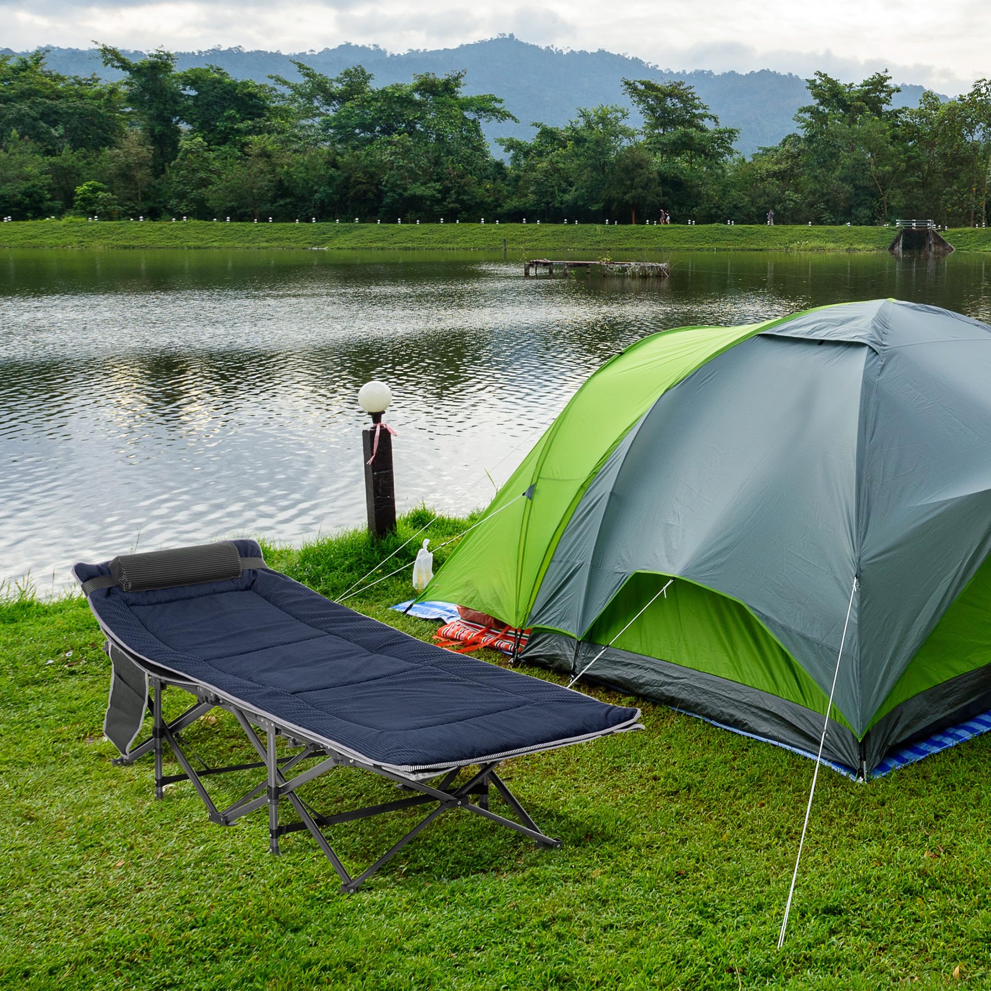 Outsunny Cama de Camping Plegable Cama de Acampada con Cojín Almohada Bolsillo Lateral Bolsa de Transporte y Marco de Acero Carga 150 kg para Playa Senderismo 188x64,5x53 cm Azul