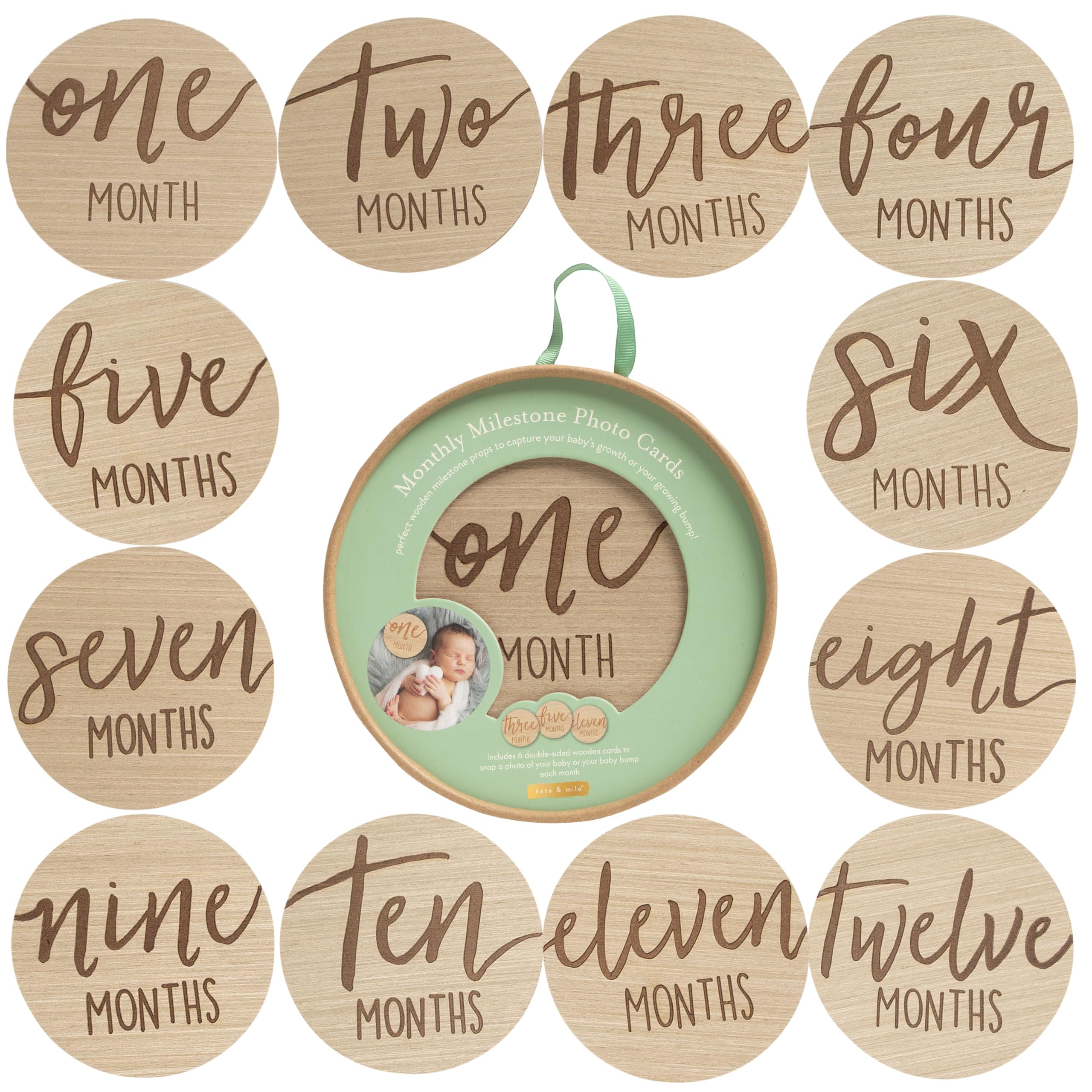Kate &amp; Milo Wooden Baby Monthly Milestone Photo Props, Round Discs with Classic Cursive Script, Double-Sided Photo Markers for Baby Announcements and Growth Pictures, 1-12 Months