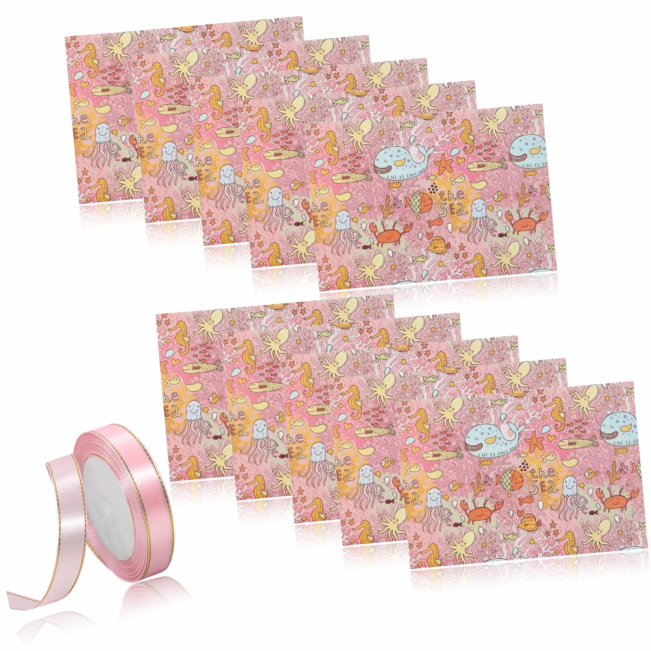– Zeishu® 10-Pack Kids Birthday Wrapping Paper (5 x 7 m) with Marine Animal Patterns – Includes 22 m Pink Ribbon