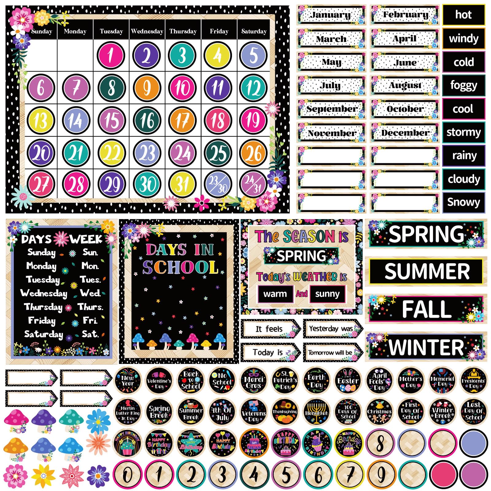 162 Pcs Wildflower Classroom Calendar Bulletin Board Set for Teachers Seasons Weather Days of the Week Chart Bulletin Board Calendar Set for Back to School Classroom Decoration