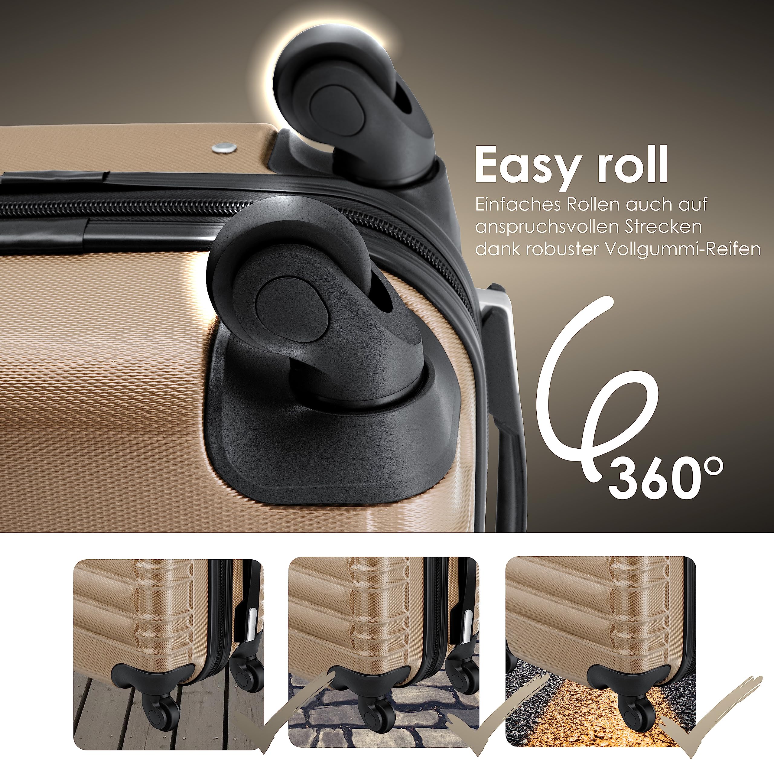 KESSER® Valigia da viaggio, incl, Bilancia per bagagli + Etichetta per bagagli, Trolley, Valigia, Serratura a combinazione, Guscio rigido in ABS, 66cm - 84L / Champagne