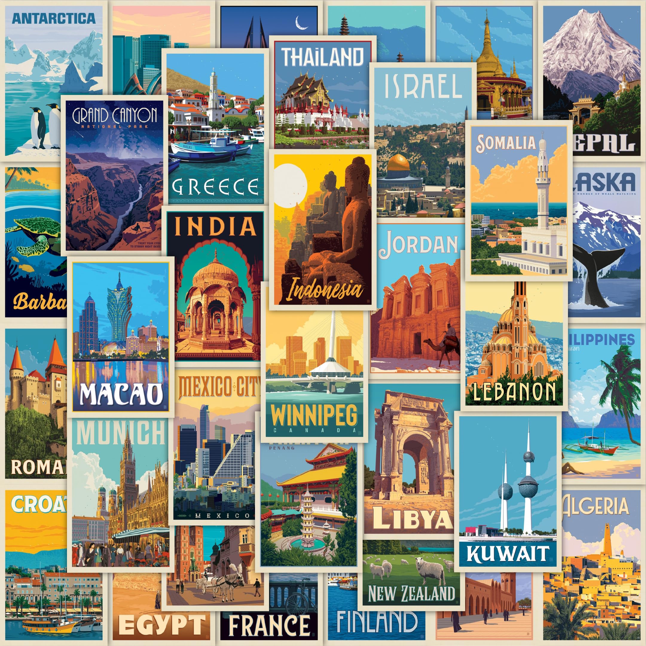 CodersParadise Vintage Travel Wall Collage Kit – 54 PCS 4×6" Self-Adhesive Posters | Aesthetic Room Décor for Girls, Boys & Teens | Retro Travel Theme Wall Art for Bedroom & Study