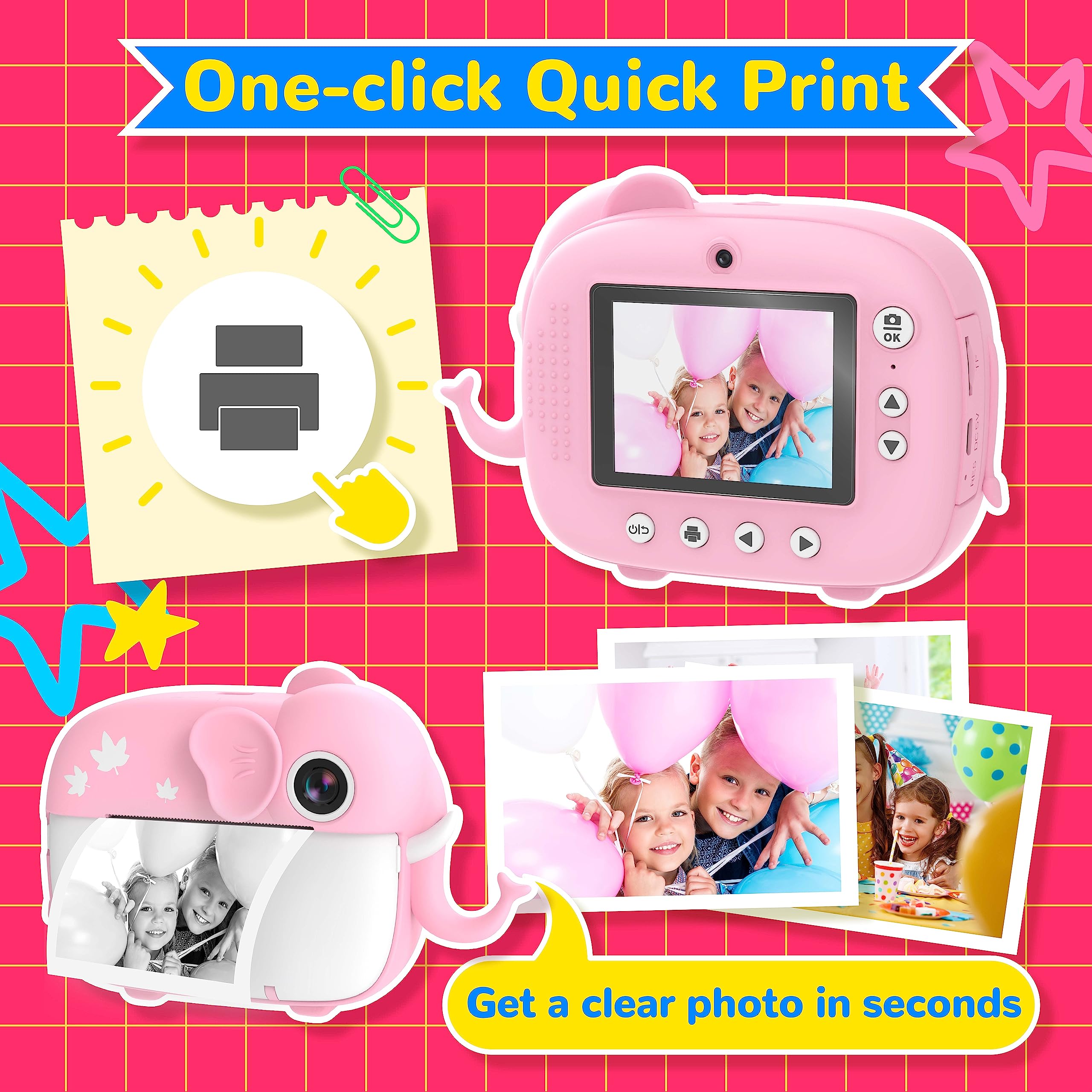 TIATUA Macchina Fotografica Bambini Istantanea, 20MP/1080P HD Videocamera, videocamera istantanea senza inchiostro con 32GB Scheda, Regalo per Bambini dai 3-12 Anni