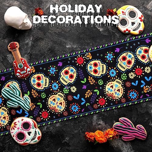 Miniatura 4 de Peryiter Camino de mesa del Día de los Muertos, 2 piezas, decoración de lino con calavera de azúcar, caminos de mesa mexicanos para festivales,
