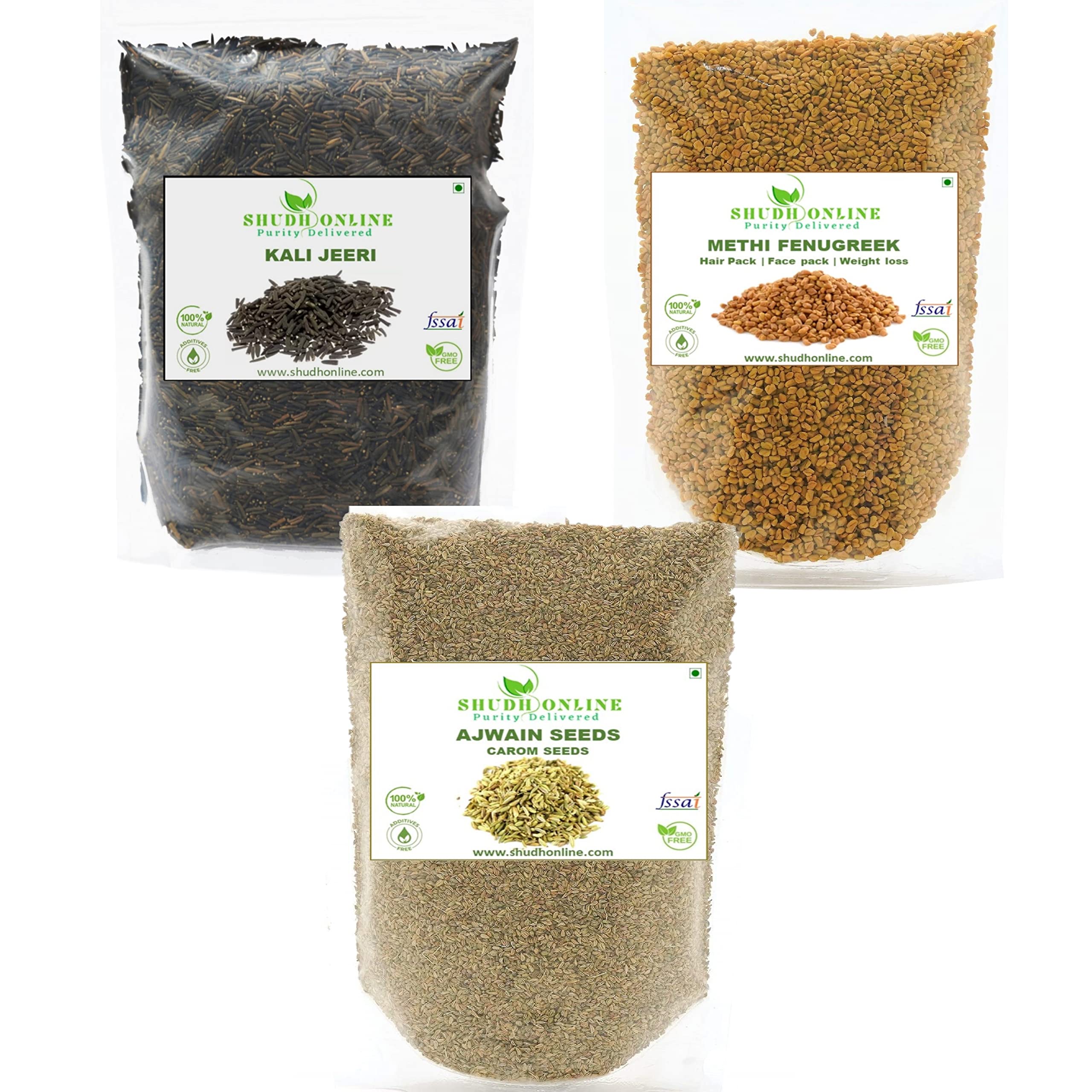 Shudh Online Methi, Ajwain, Kali Jeeri Combo Pack - 400 Grams (Fenugreek Seeds, Menthulu 250g- Ajwain Carom, Vaamu 100g, Kadwa Kali Jiri, Black Cumin Seed 50g Mixture)