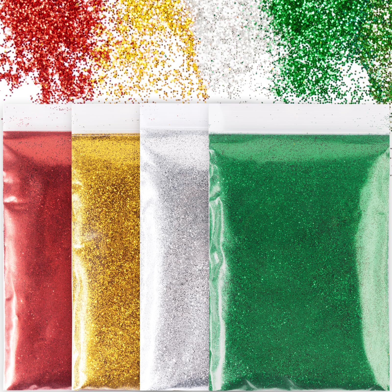 BOOMTOP 200g Purpurina Manualidad Colorida, Purpurina Dorada Verde Rojo Plateado, Purpurina DIY Navidad Glitter Manualidad, Brillantina Navidad Cuerpo Cara Uñas Pintura Decoración, 4 Colores, 50g