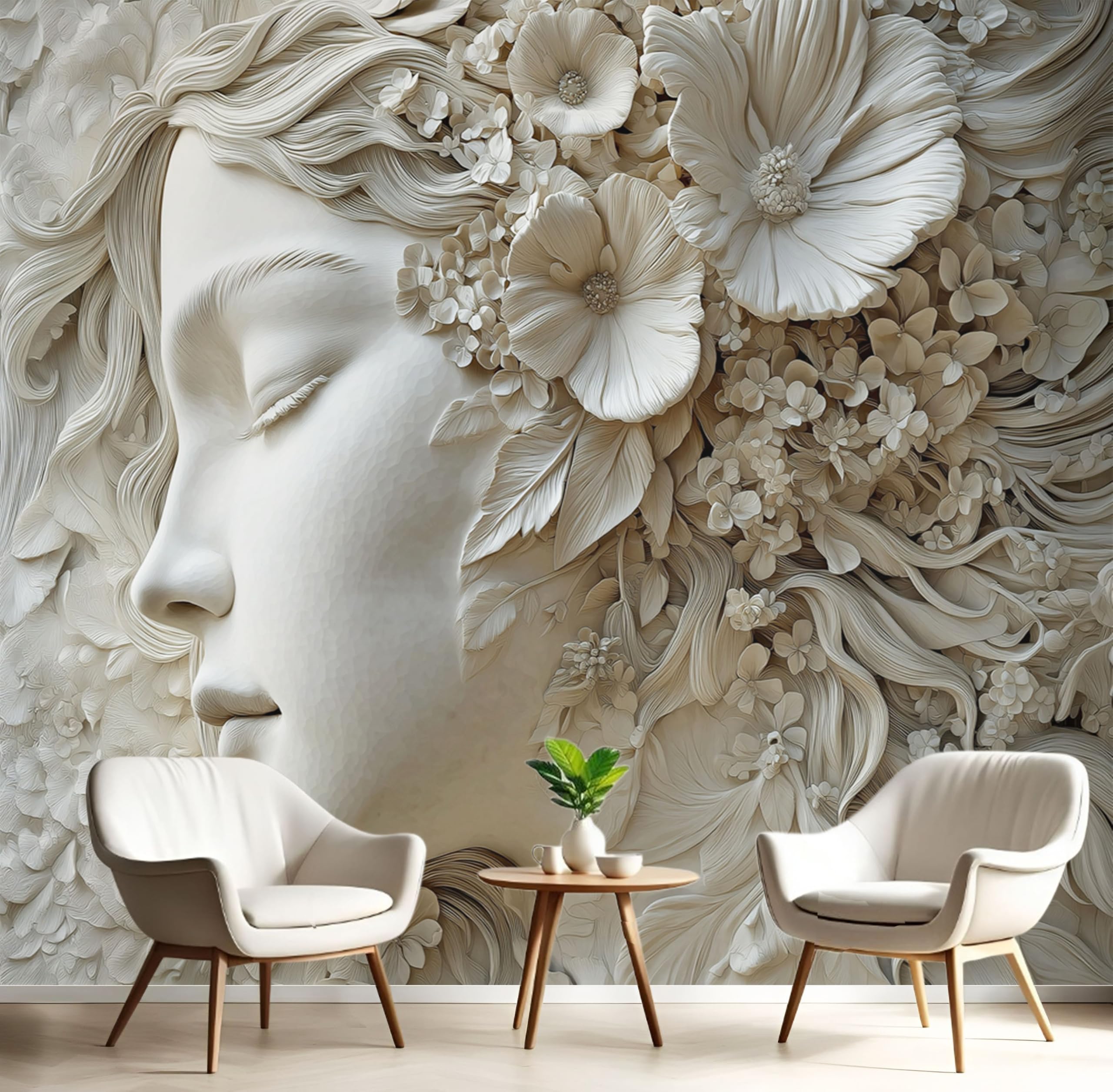 Carta Da Parati Delicato Donna Viso 250×170cm Wallpaper Carta Da Parati Murale 3D, Fiori Foresta Fotomurali Moderni Per Soggiorno E Camera Da Letto, XL Decorazione Murale 3D, Grigio