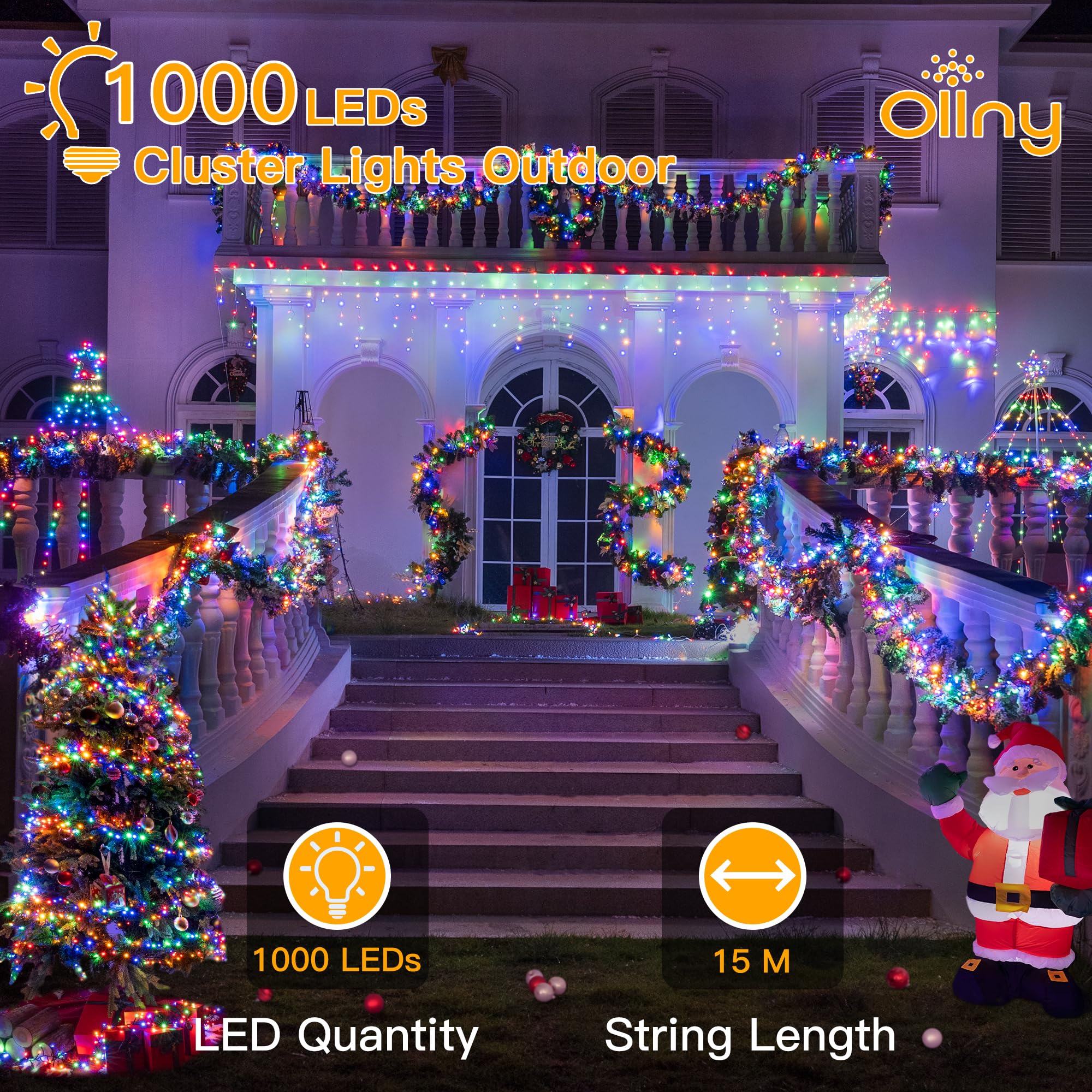 Ollny Outdoor Cluster Christmas Lights, 15m 1000LEDs Xmas Tree Fairy Lights Mains Powered Plug in with 8 Modes/Timer/Remote - Image 2