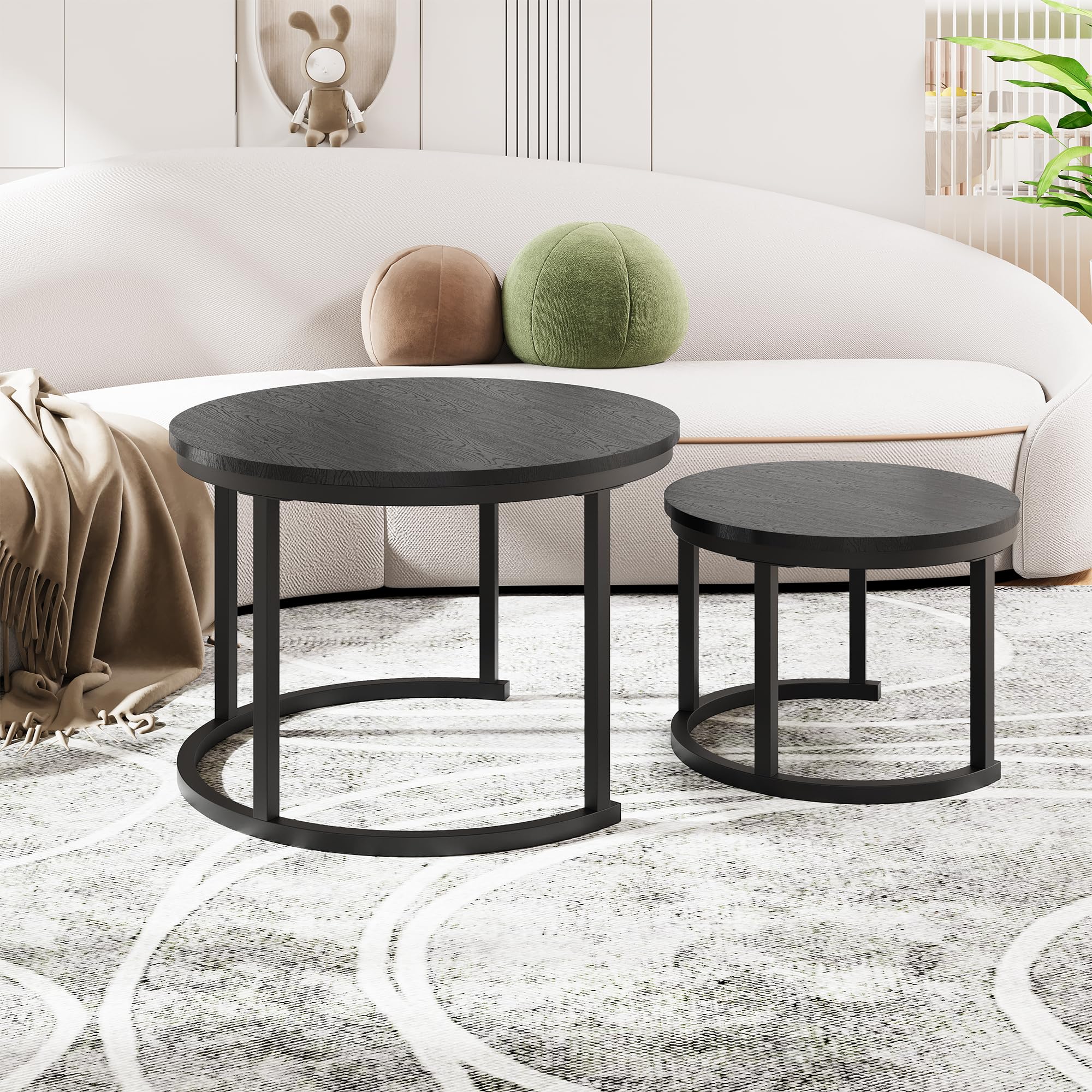 HOMERECOMMEND Tavolino rotondo, set da 2 pezzi, tavolino da salotto in legno, moderno, con struttura in metallo, per soggiorno, balcone, nero