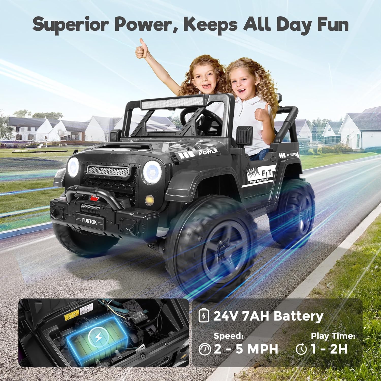 Image showing two children in the ride-on truck with an inset of the 24V 7AH battery and details on speed and play time.