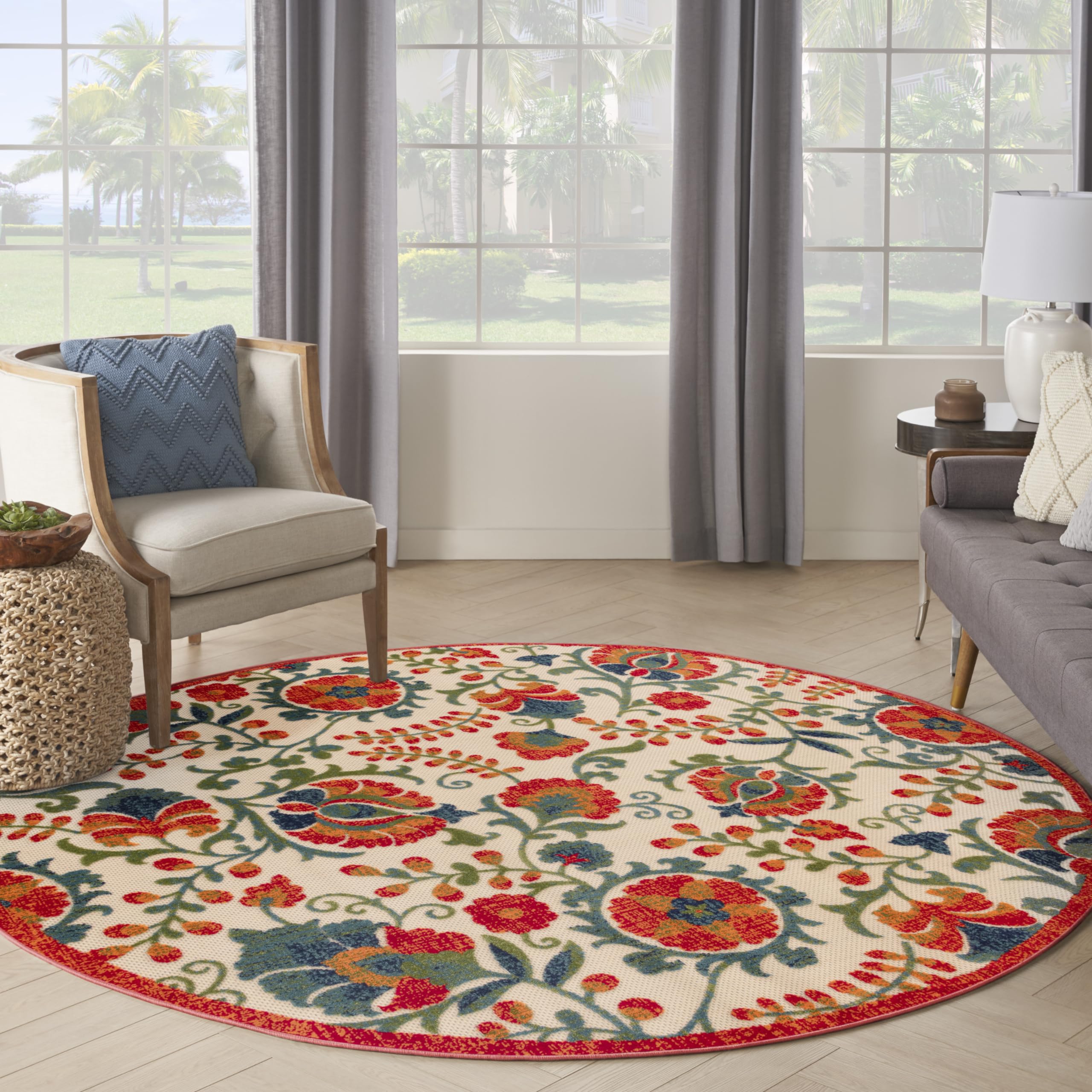 Nourison Home Aloha Red Multicolor 7'10" x Round Area Rug - Easy Clean, Non Shedding, Bed Room, Living Room, Dining Room, Kitchen (8' x Round)