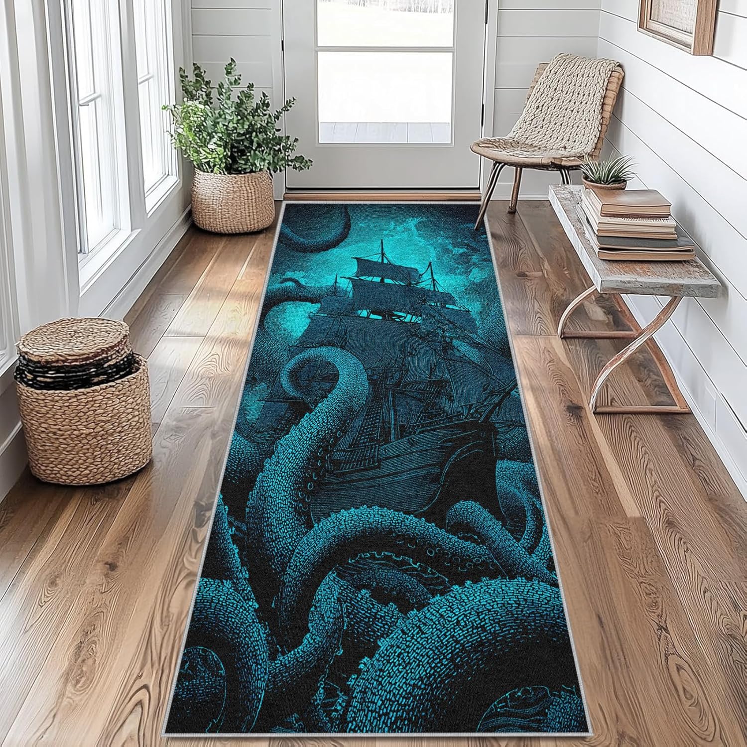Pirate Ship Runner Rug 2x4 Washable, Octopus Tentacles Hallway Runner Rug Non-Slip, Nautical Adventure Pattern Soft Low Pile Decor Small Carpet for Entryway, Kitchen, Bedroom, Laundry Room iJ&W14