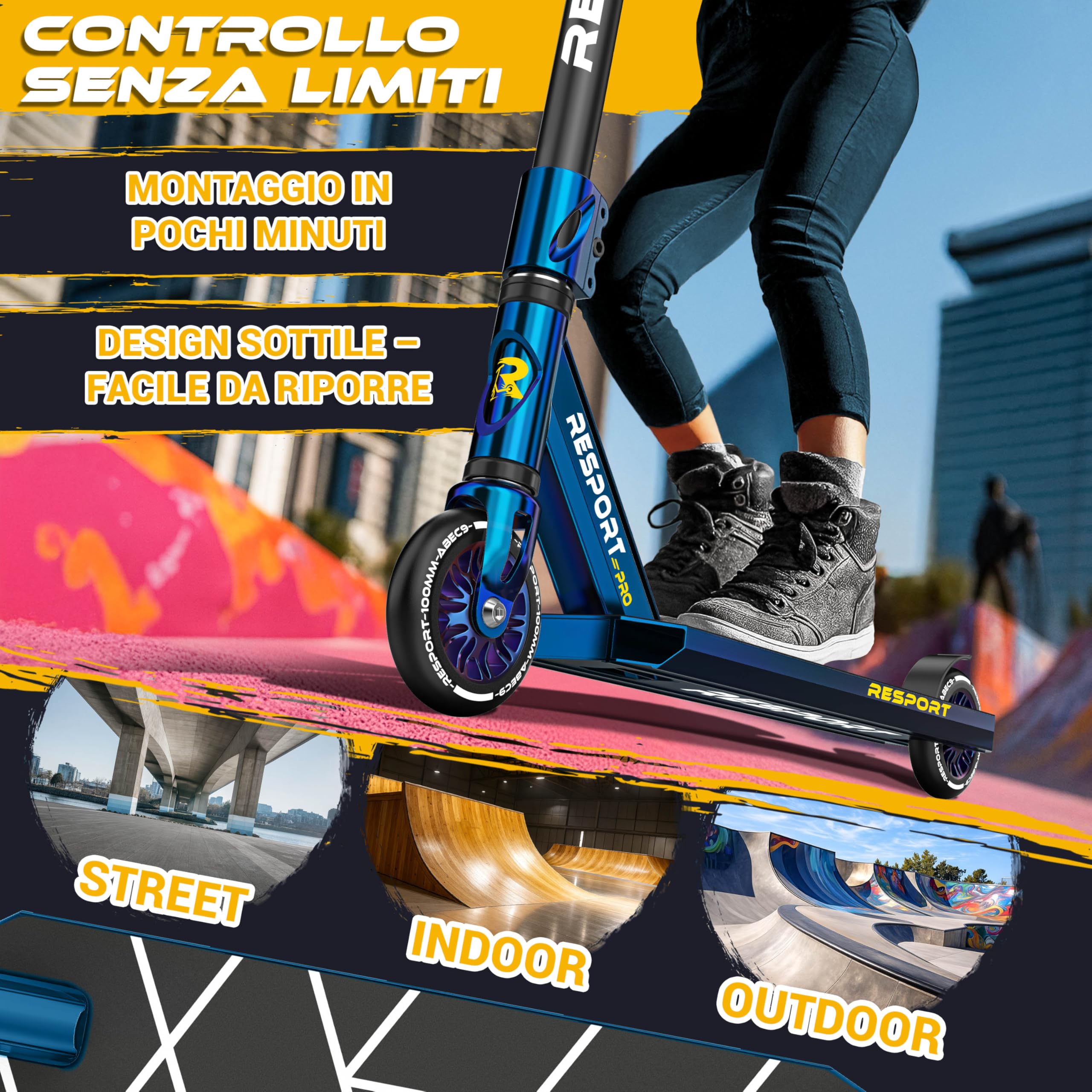 RE:SPORT Stunt Scooter Revo Pro per bambini e adulti con supporto, 110 mm, ruote in PU e Y-Bar, per acrobazie e monopattino ABEC 9, cuscinetti a sfera