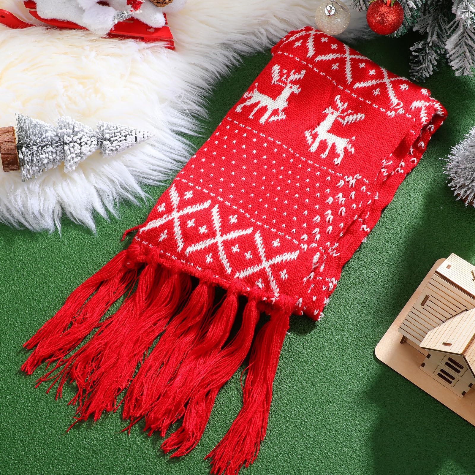 SHINEOFI Sciarpa Natalizia in Lana Rossa con Decorazioni a Fiocchi, Sciarpa Calda e Lavorata a Maglia per Inverno Freddo e Occasioni Formali, Elegante e Confortevole