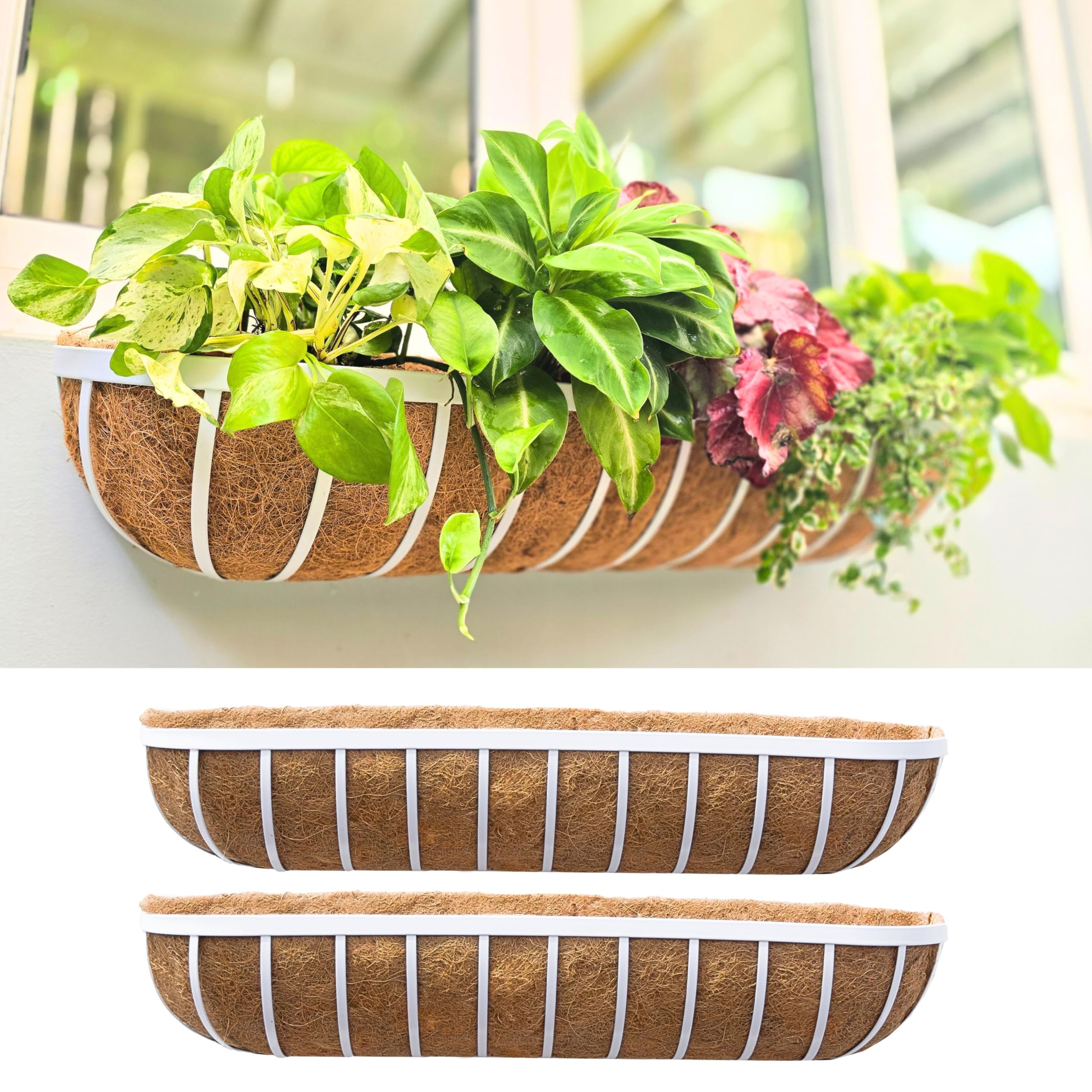 LaLaGreen Outdoor Planter Boxes (36 Inch, 2 Pack) White Metal Deck Railings Flower Box with Coco Liner, Rectangular Wall Planters for Window Plants Horse Troughs Fence Balcony Modern Herb Patio Porch