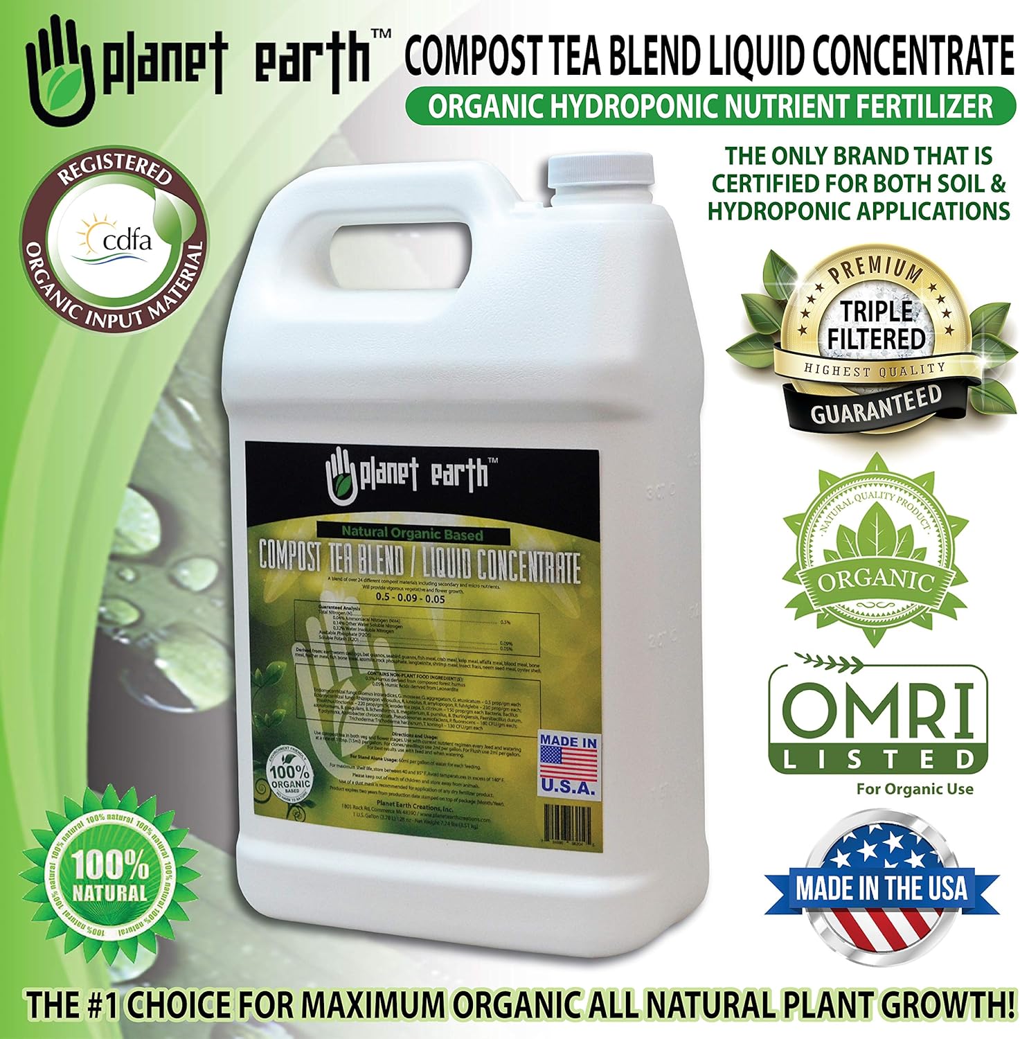 Planet Earth Natural Organic Based Compost Tea. The Ultimate Organic Fertilizer - Triple Filtered Liquid hydroponic Nutrient (Quart)